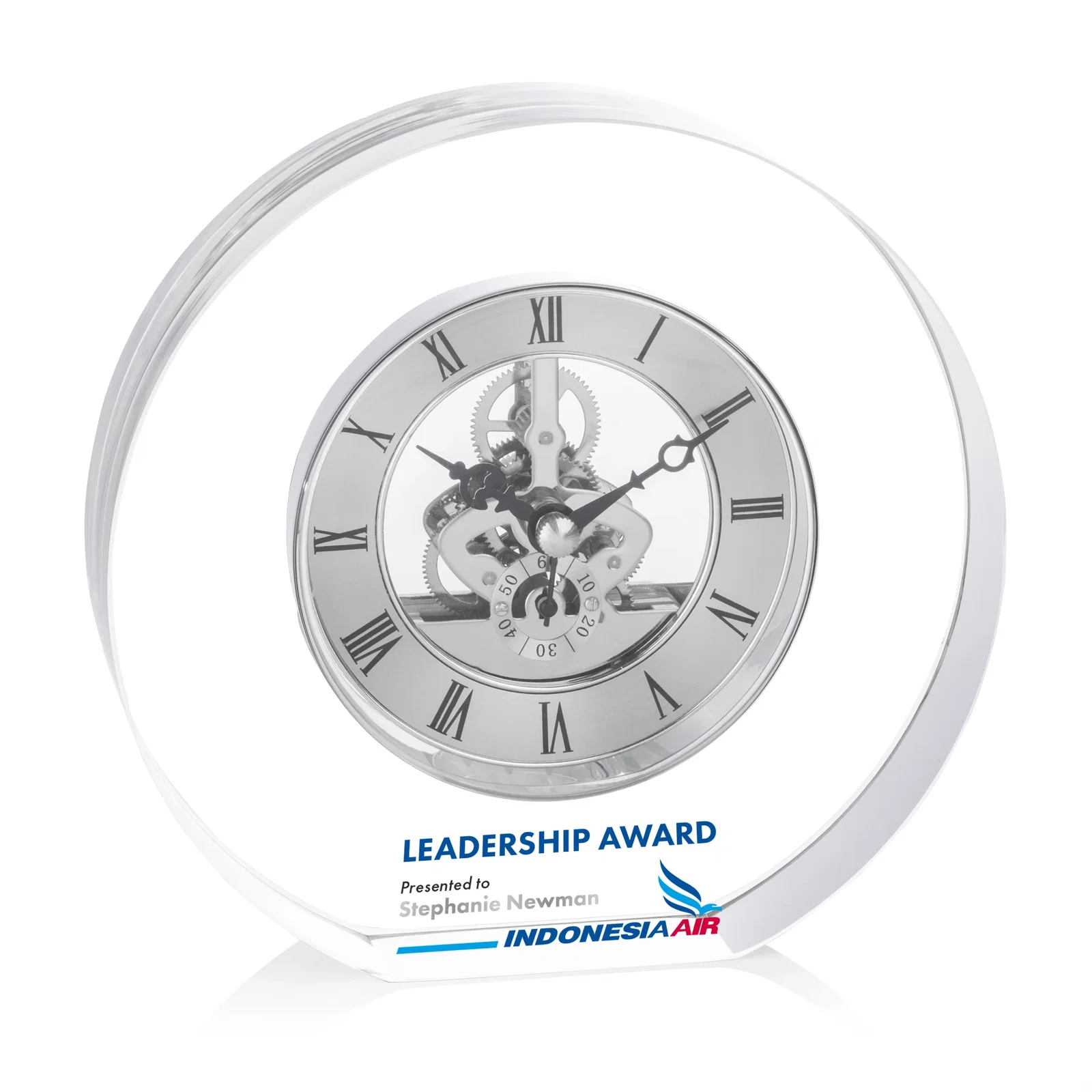Custom Optical Crystal Clock With Roman Numeral Skeleton Movement for graduation ceremonies