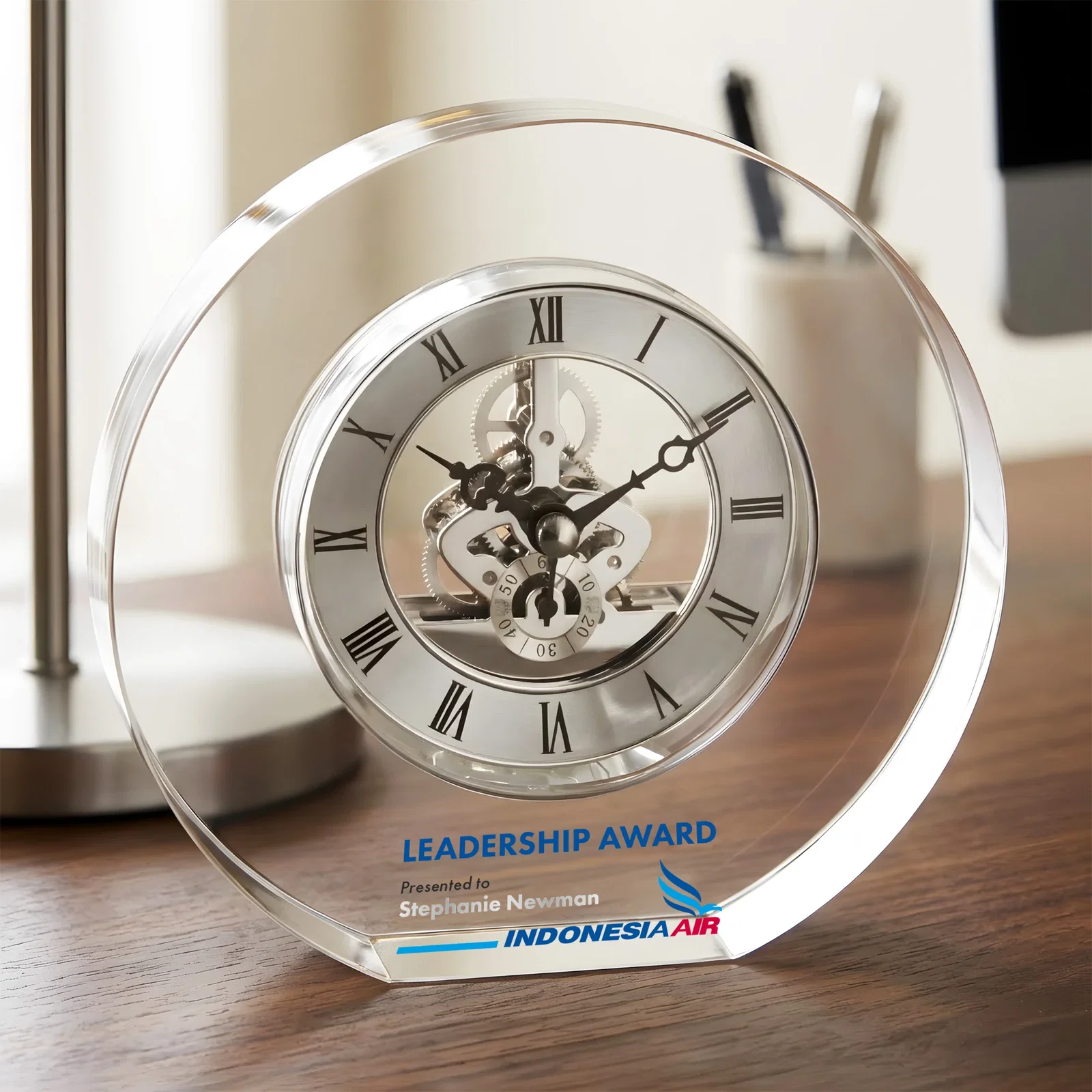 Custom Optical Crystal Clock With Roman Numeral Skeleton Movement for safety achievement programs