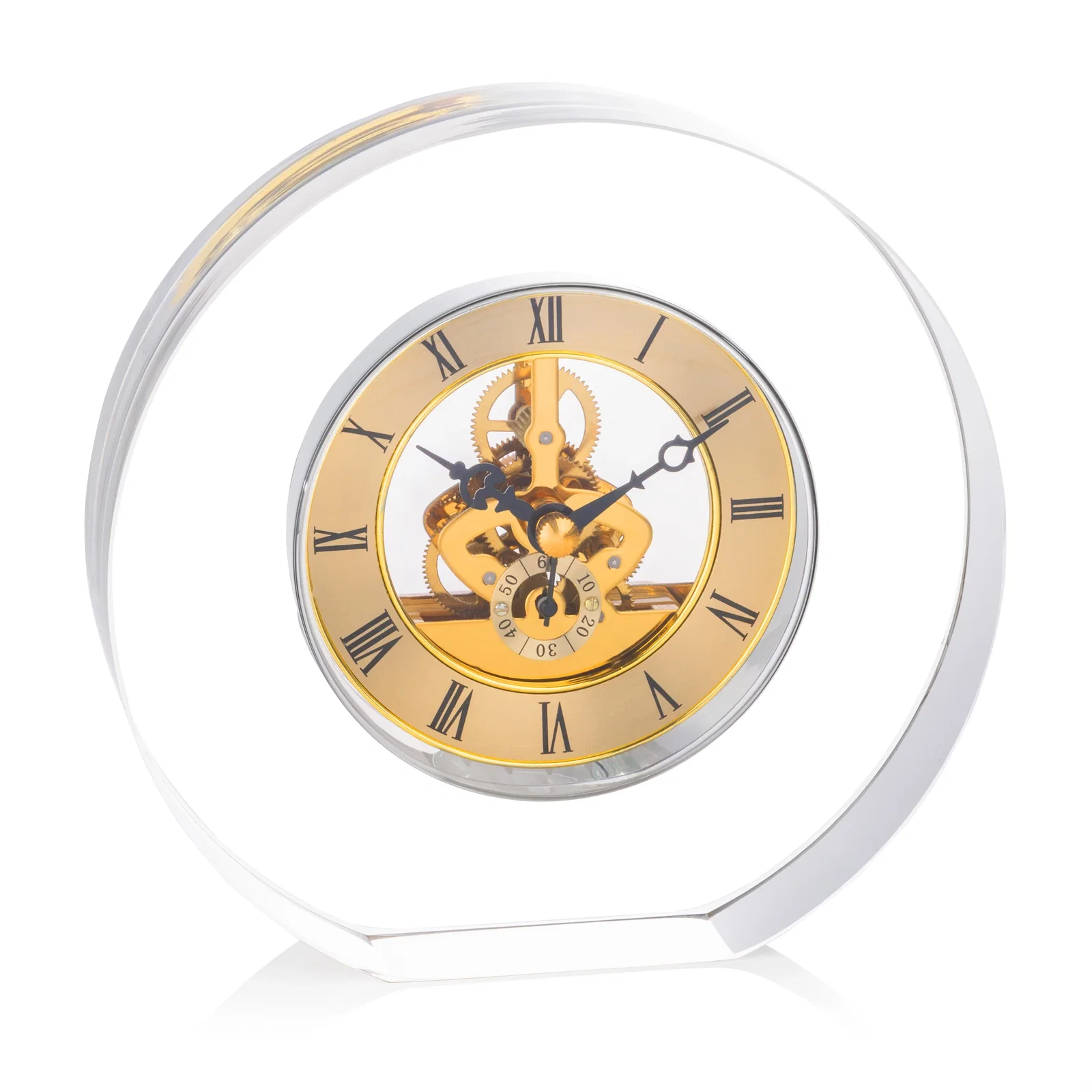 Custom Optical Crystal Clock With Roman Numeral Skeleton Movement for dealer and partner awards