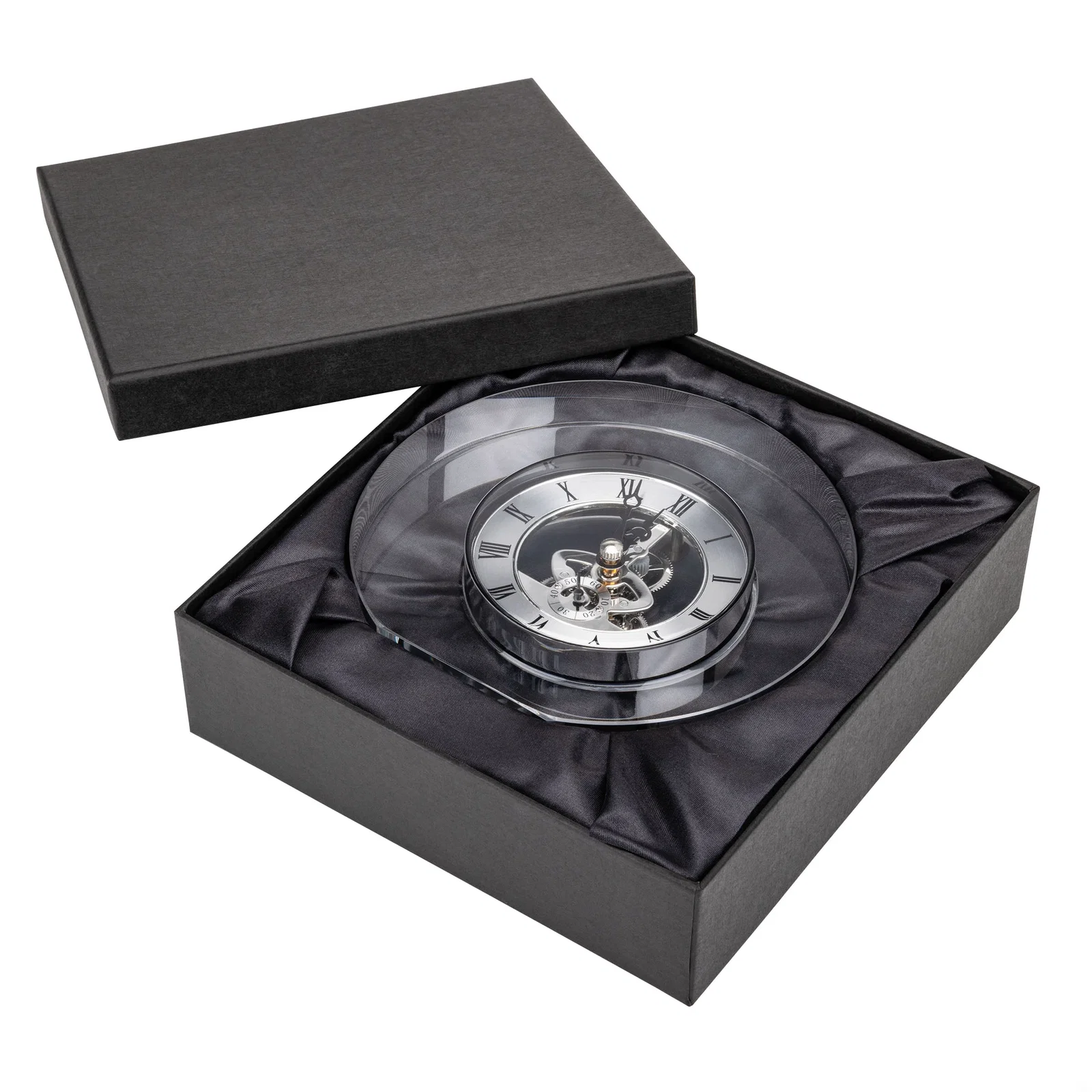 Custom Optical Crystal Clock With Roman Numeral Skeleton Movement for corporate award ceremonies