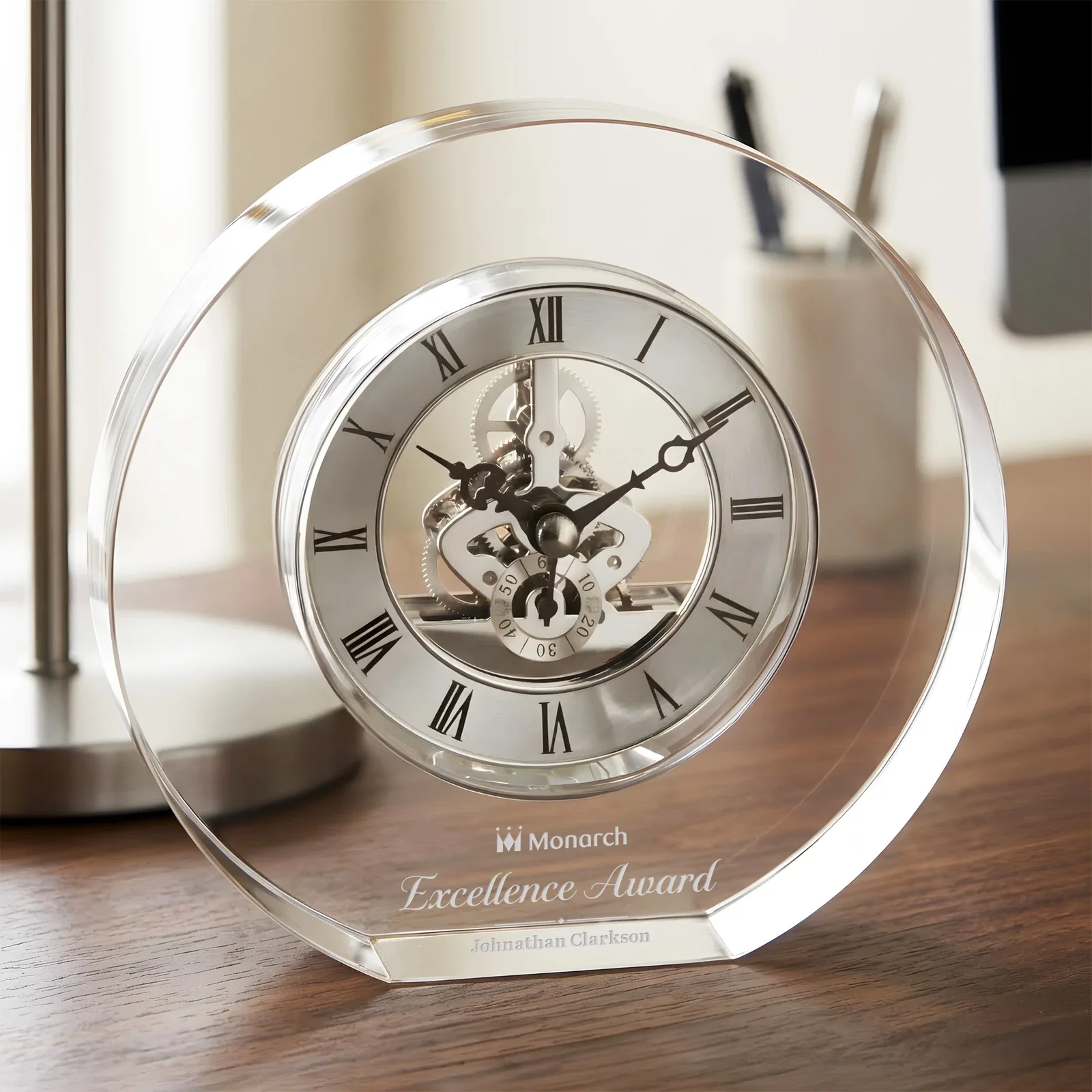 Custom Optical Crystal Clock With Roman Numeral Skeleton Movement for service anniversary gifts