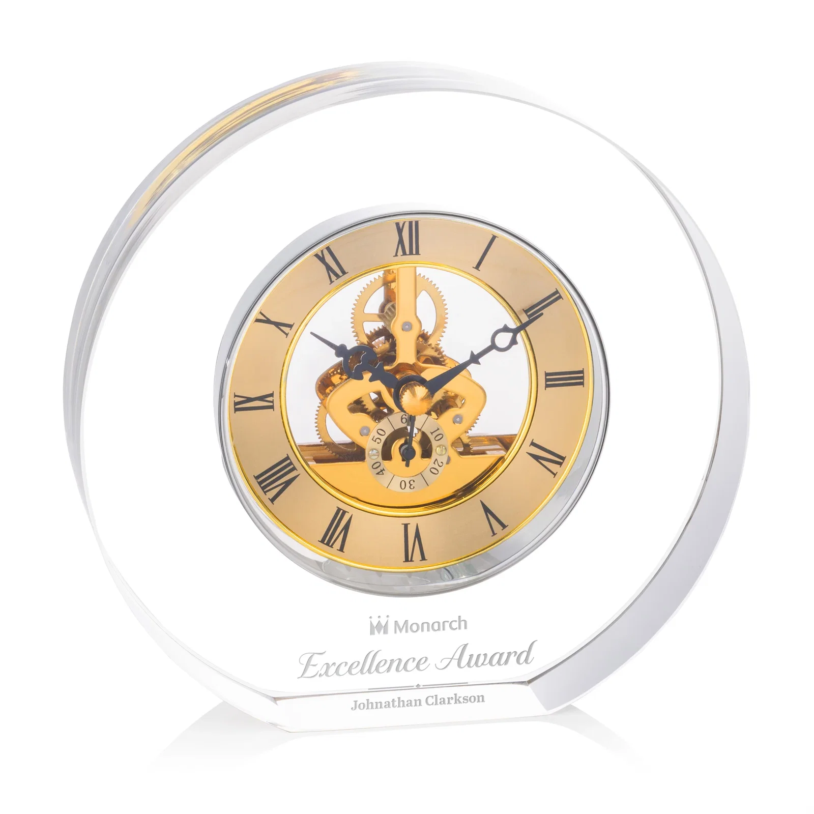 Custom Optical Crystal Clock With Roman Numeral Skeleton Movement for sales achievement awards