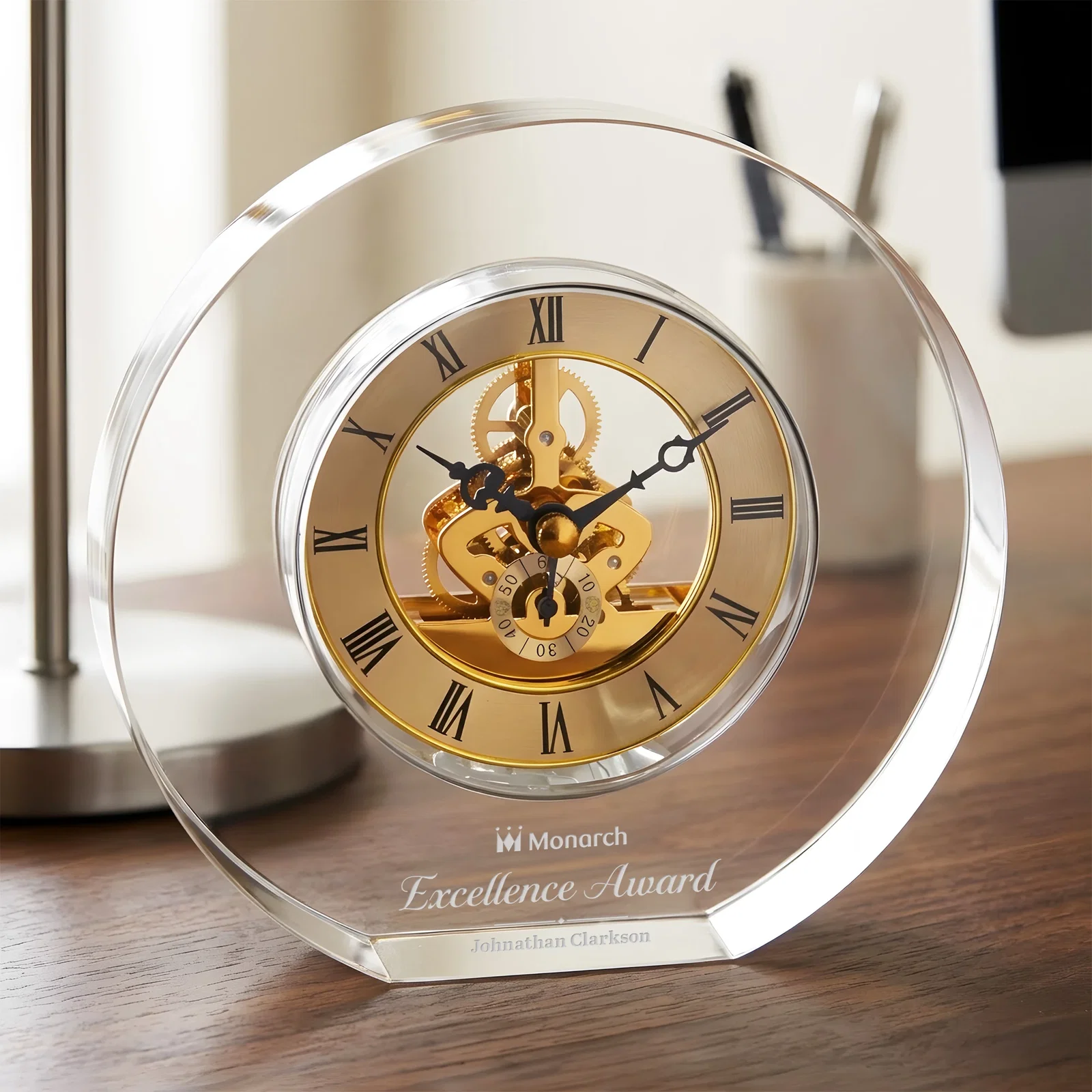 Custom Optical Crystal Clock With Roman Numeral Skeleton Movement for retirement presentations