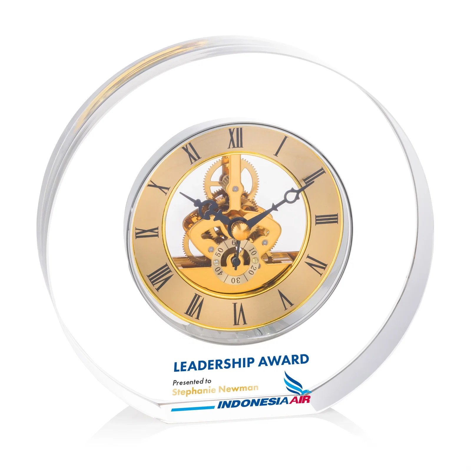 Custom Optical Crystal Clock With Roman Numeral Skeleton Movement for team milestone celebrations
