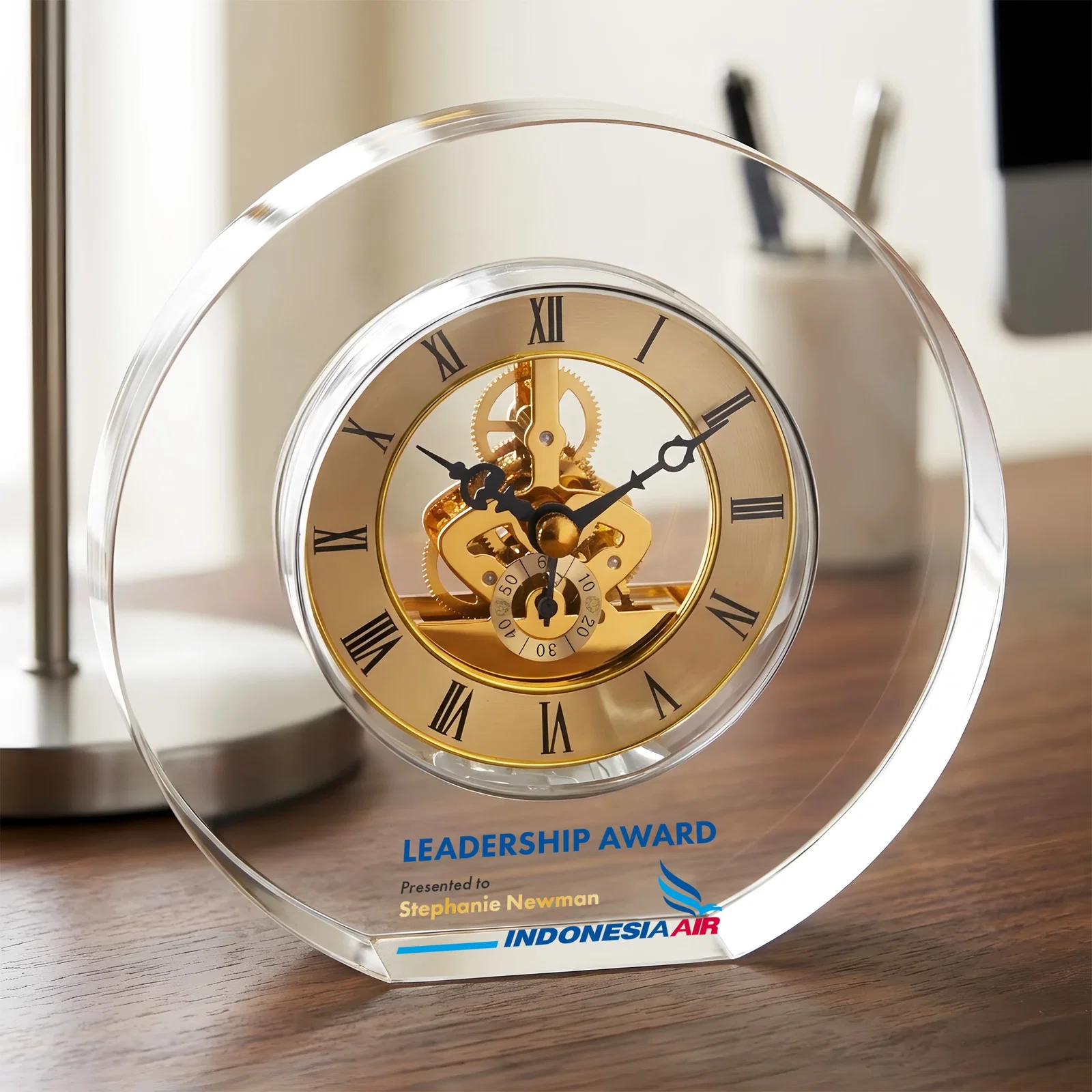 Custom Optical Crystal Clock With Roman Numeral Skeleton Movement for donor appreciation
