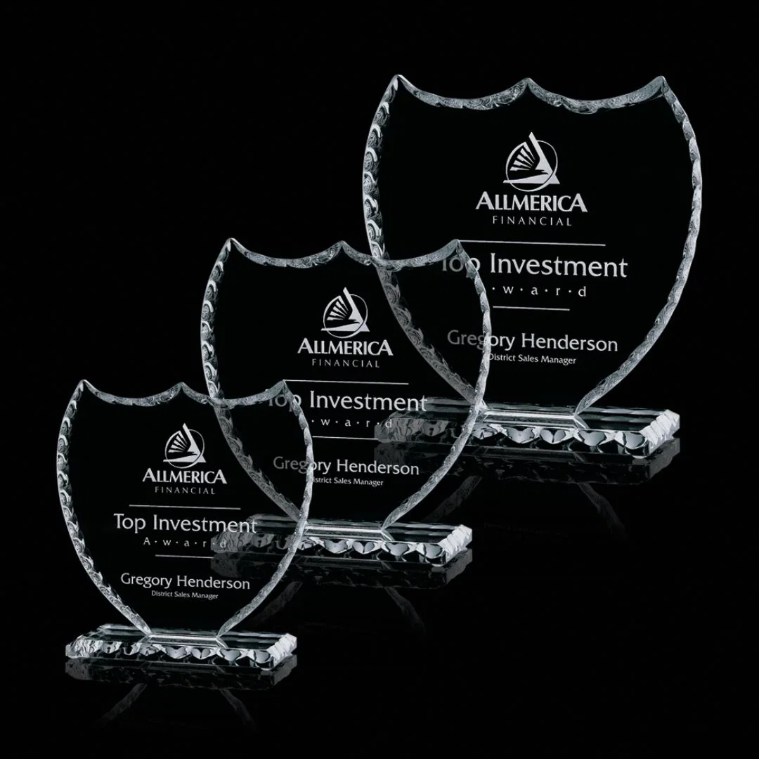 Custom Jade Glass Shield Award With A Hand-Chipped Faceted Rim for employee recognition