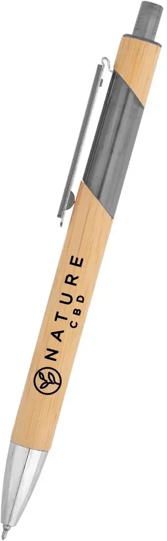 Bamboo barrel pen with a colored grip and metal clip