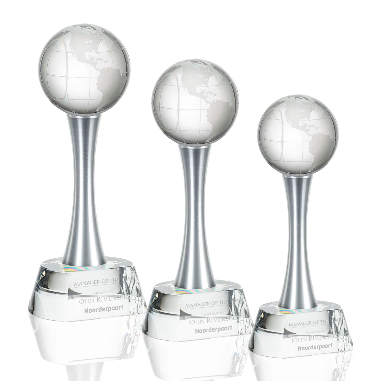 Custom Optical Crystal Globe Award on a Waisted Aluminum Pillar for employee recognition
