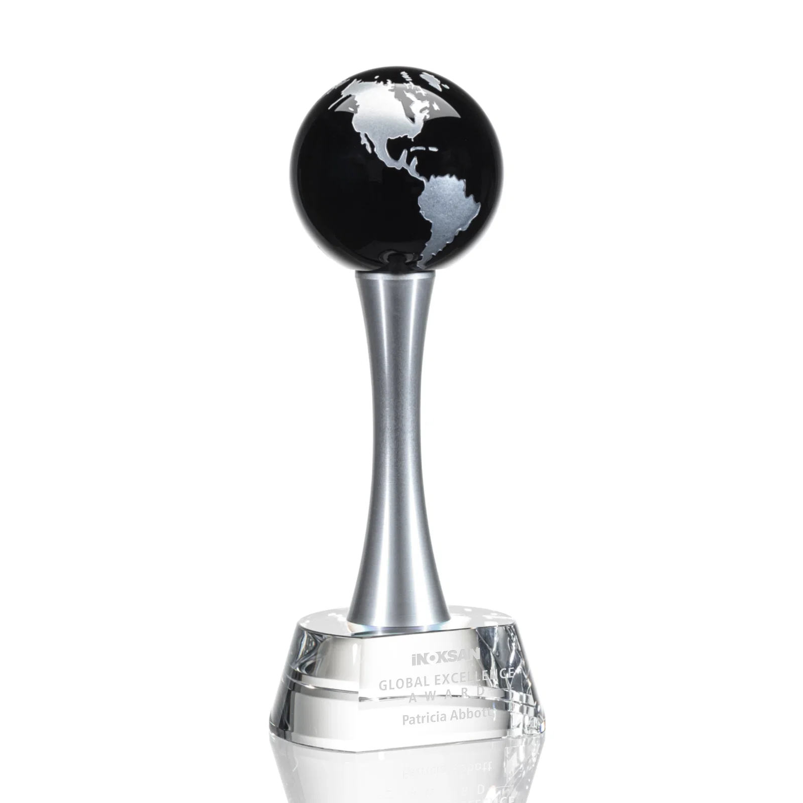 Custom Optical Crystal Globe Award on a Waisted Aluminum Pillar for dealer and partner awards