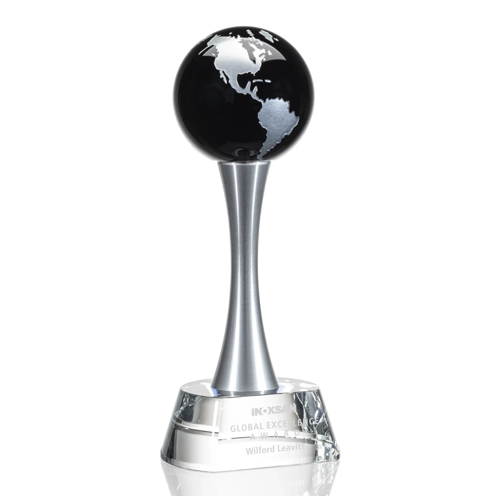 Custom Optical Crystal Globe Award on a Waisted Aluminum Pillar for company anniversary events