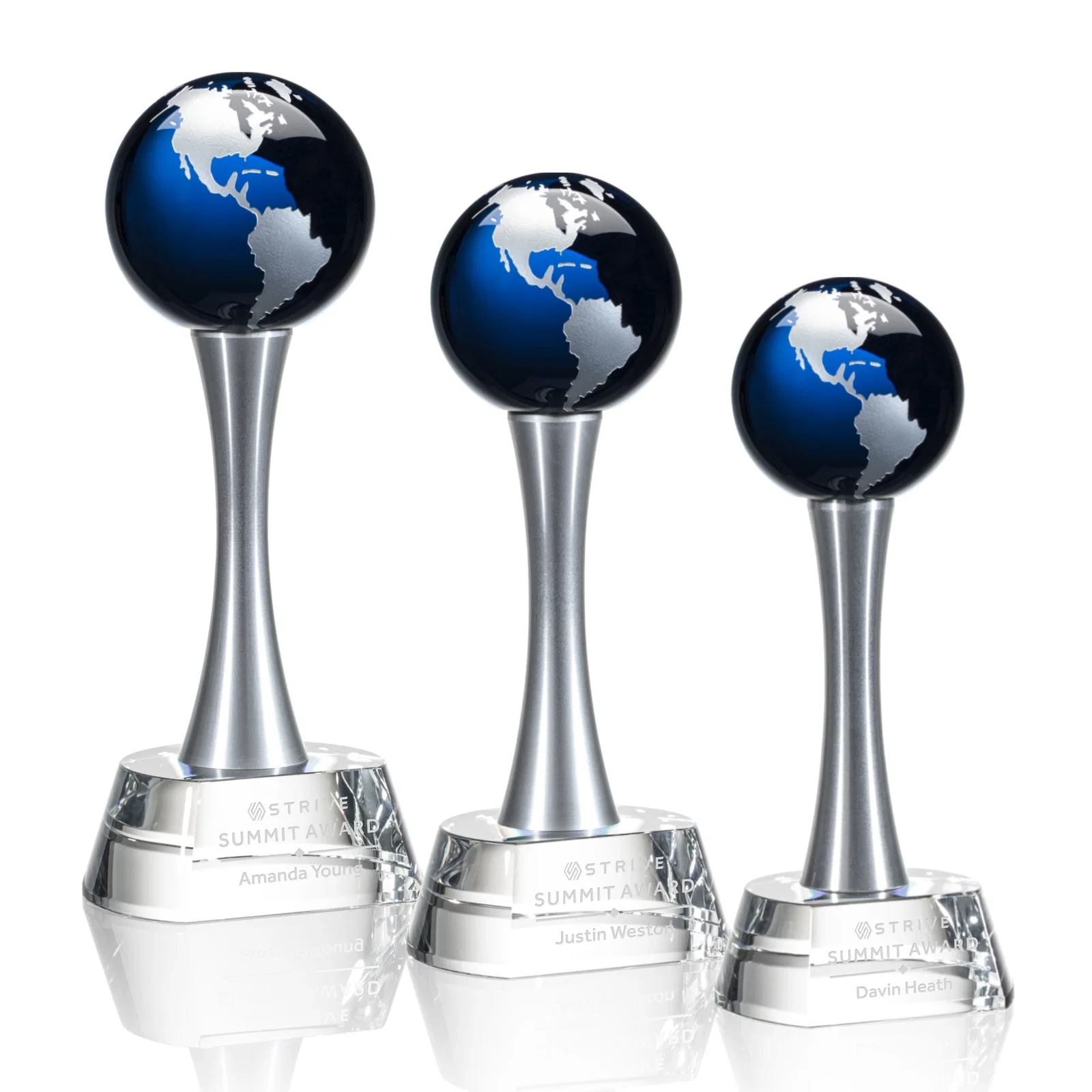 Personalized Optical Crystal Globe Award on a Waisted Aluminum Pillar for employee recognition
