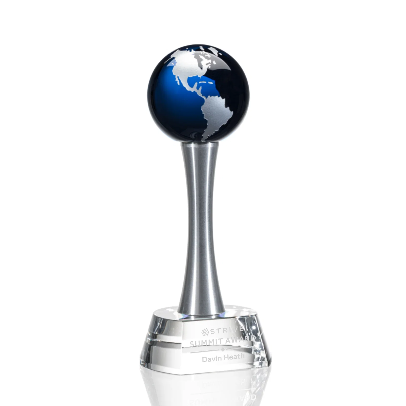 Personalized Optical Crystal Globe Award on a Waisted Aluminum Pillar for corporate award ceremonies