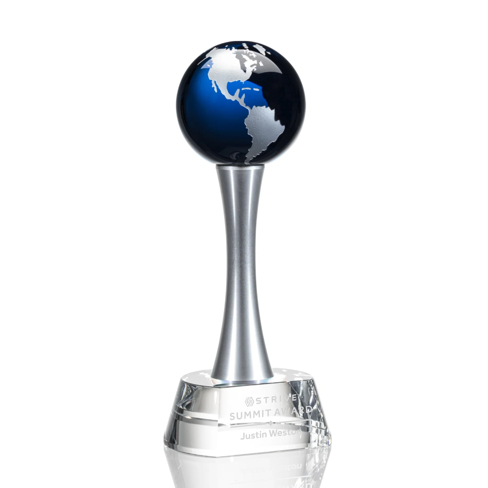 Personalized Optical Crystal Globe Award on a Waisted Aluminum Pillar for service anniversary gifts