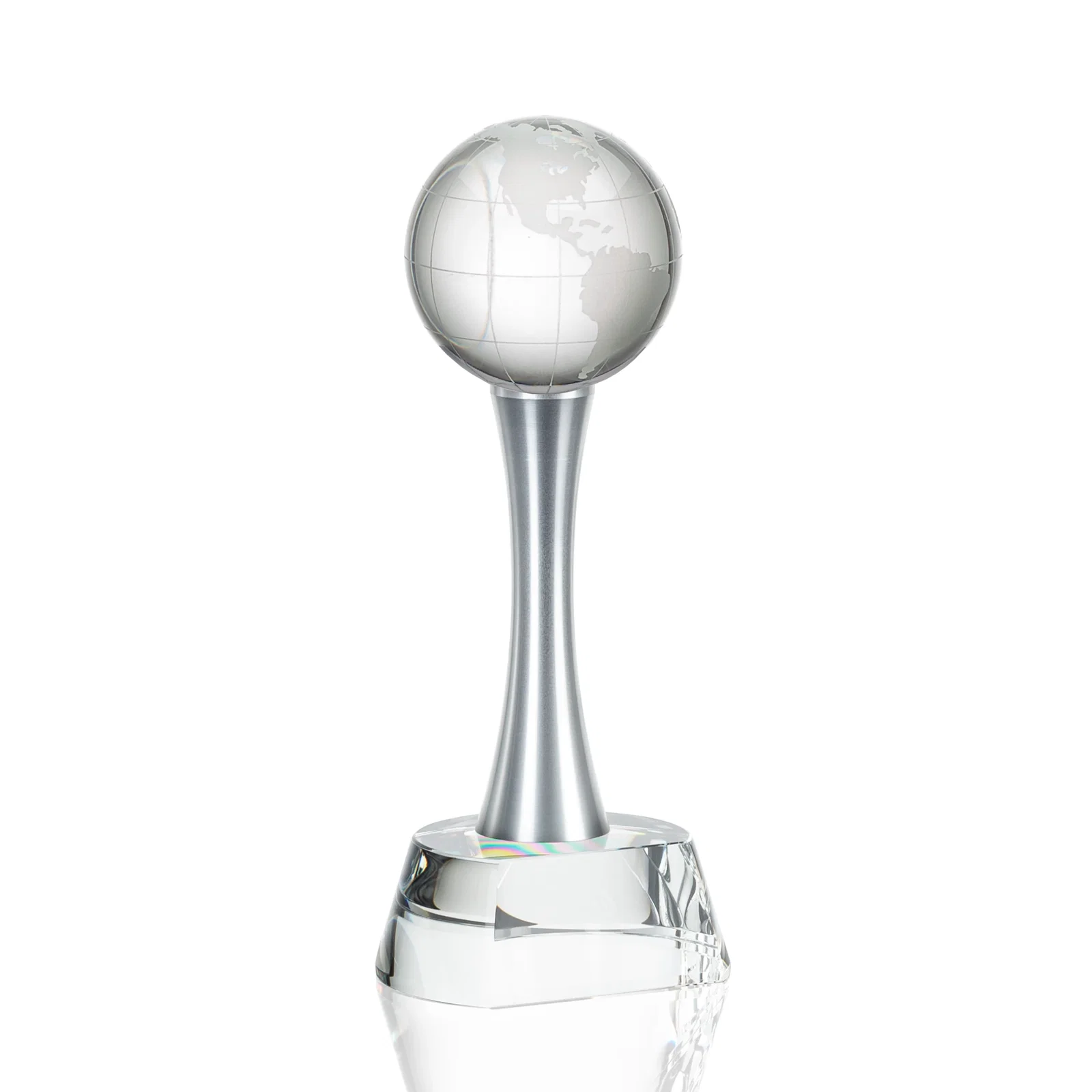 Personalized Optical Crystal Globe Award on a Waisted Aluminum Pillar for retirement presentations