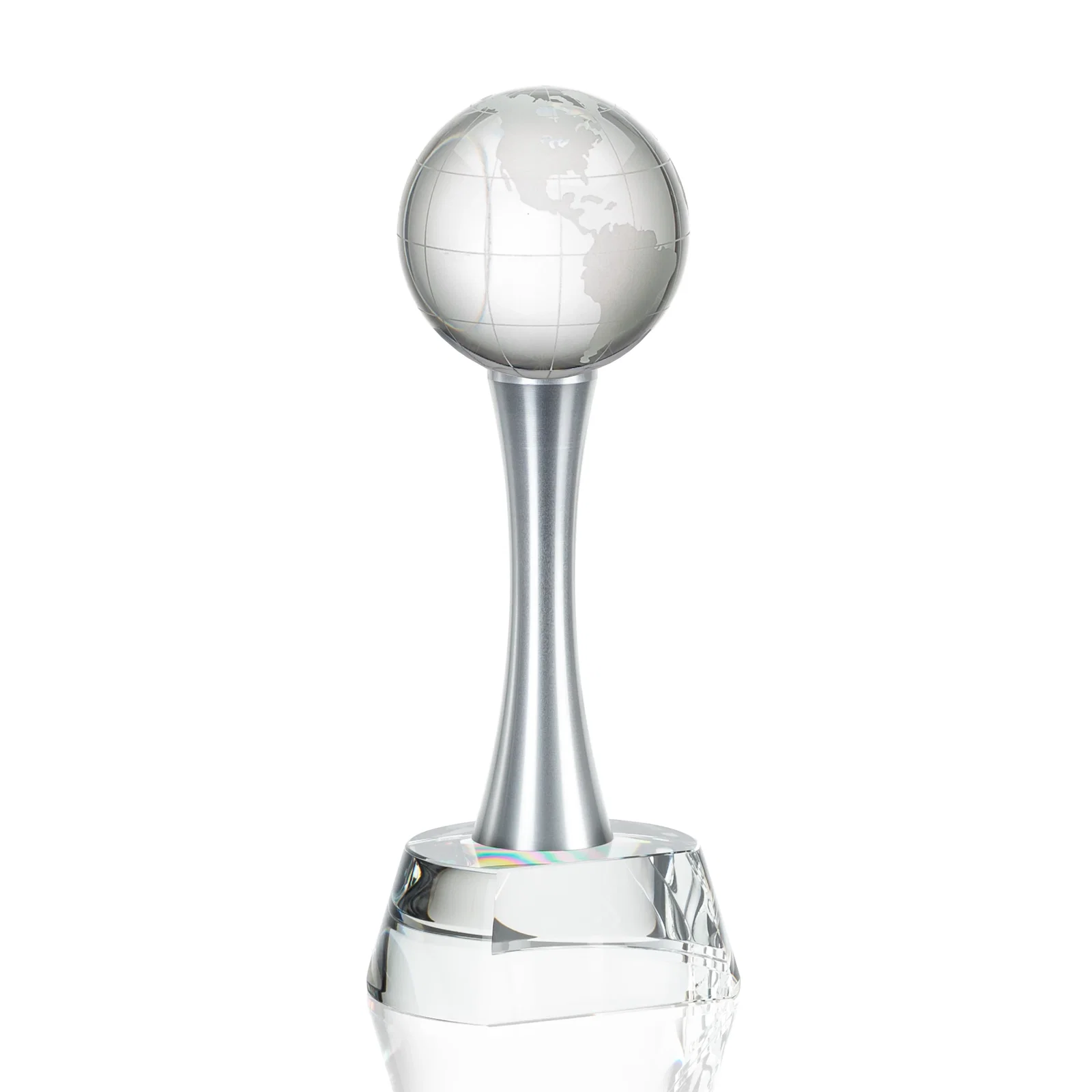 Personalized Optical Crystal Globe Award on a Waisted Aluminum Pillar for team milestone celebrations