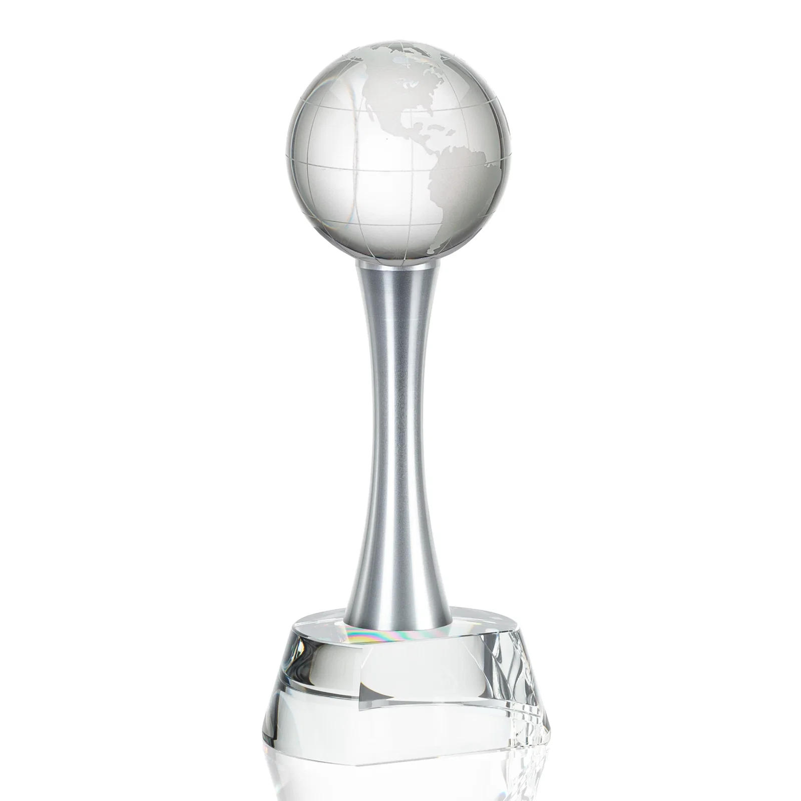 Personalized Optical Crystal Globe Award on a Waisted Aluminum Pillar for donor appreciation