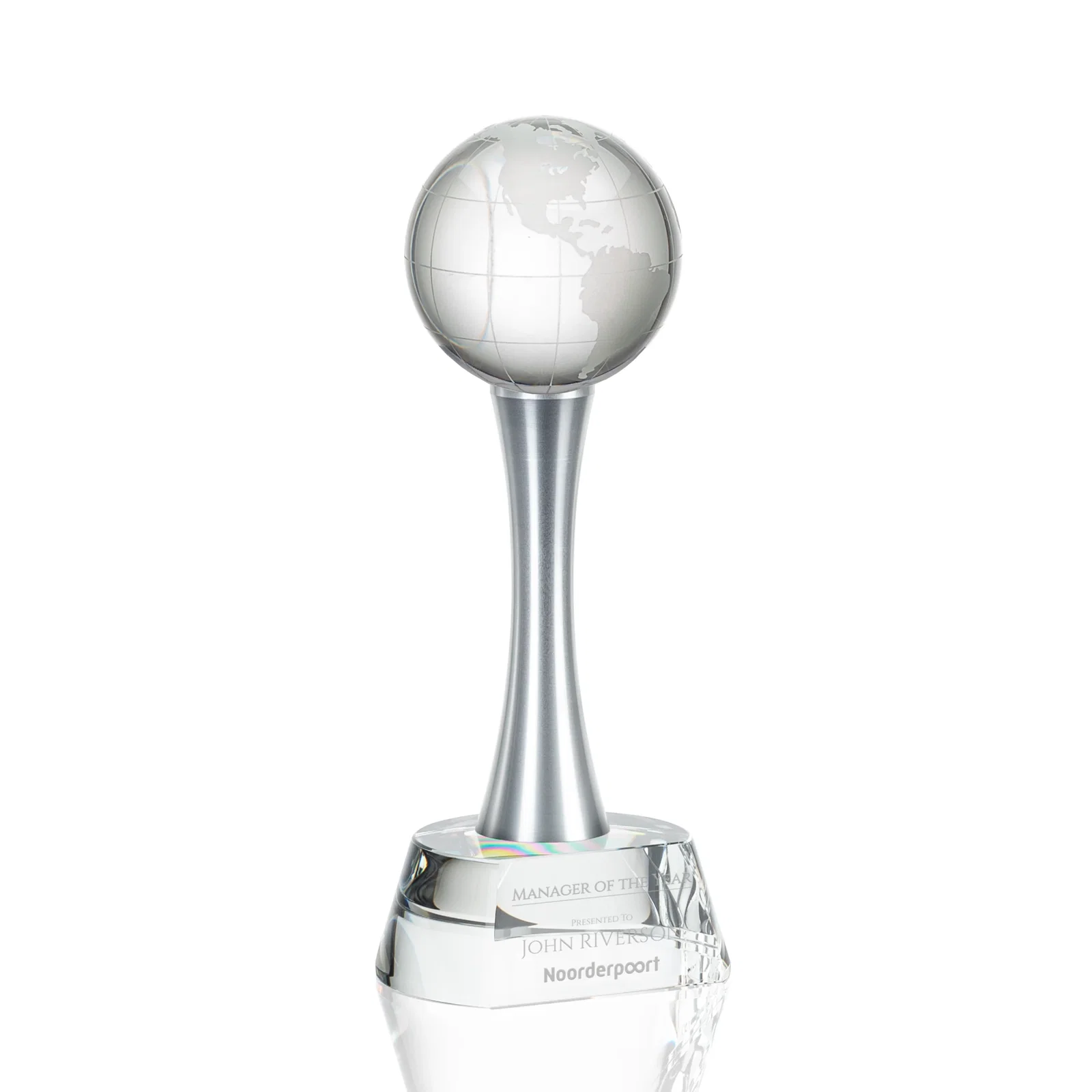 Custom Optical Crystal Globe Award on a Waisted Aluminum Pillar for corporate award ceremonies