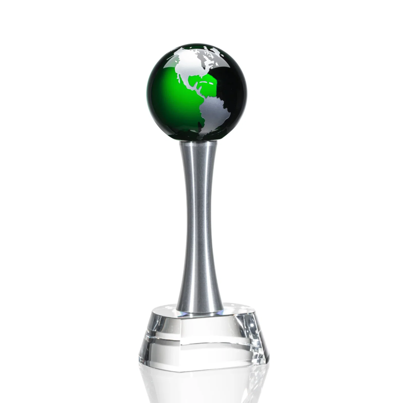 Personalized Optical Crystal Globe Award on a Waisted Aluminum Pillar for graduation ceremonies