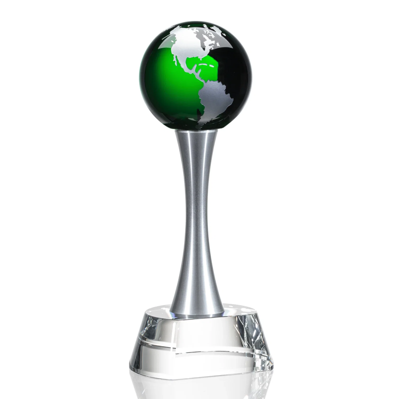 Personalized Optical Crystal Globe Award on a Waisted Aluminum Pillar for volunteer appreciation