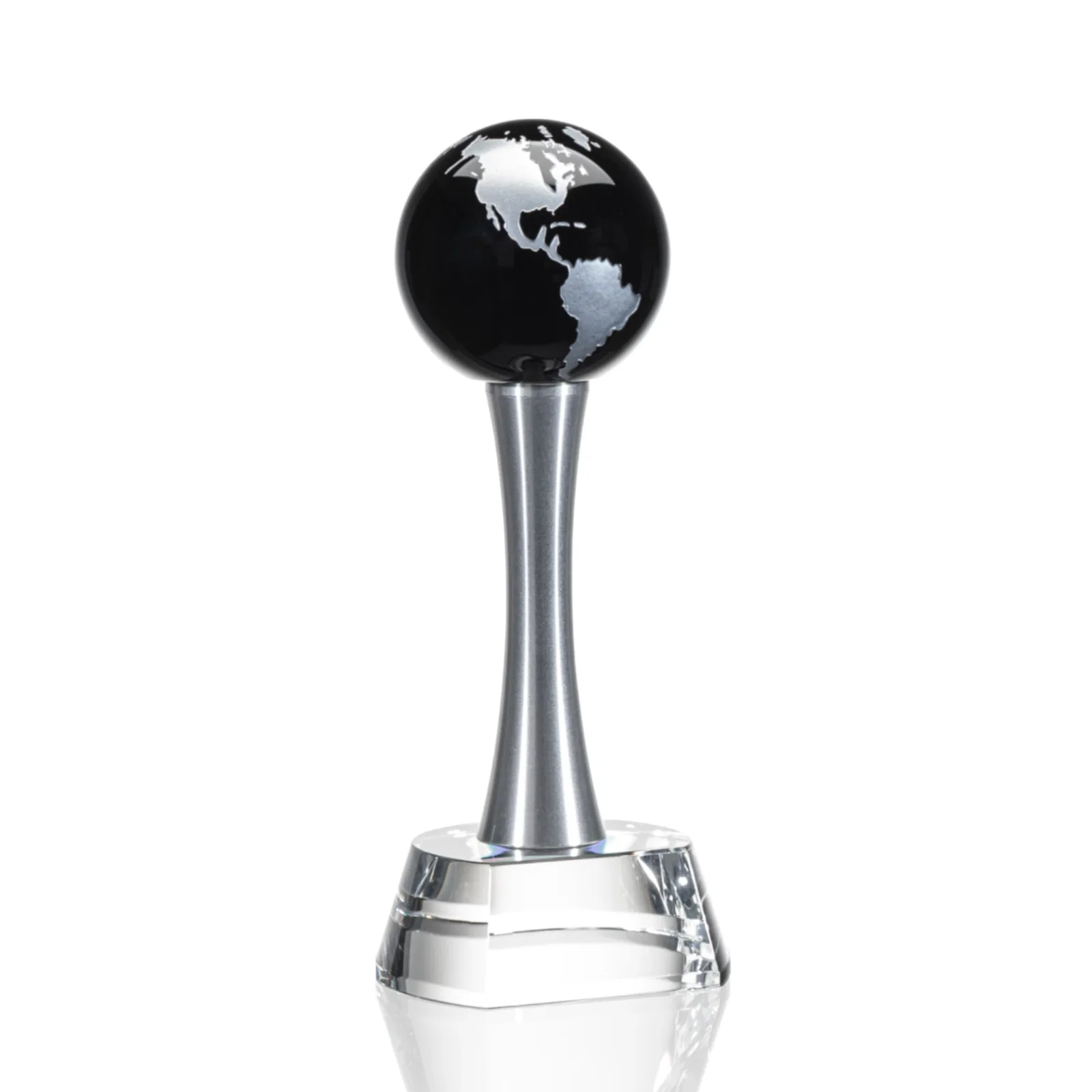 Personalized Optical Crystal Globe Award on a Waisted Aluminum Pillar for dealer and partner awards