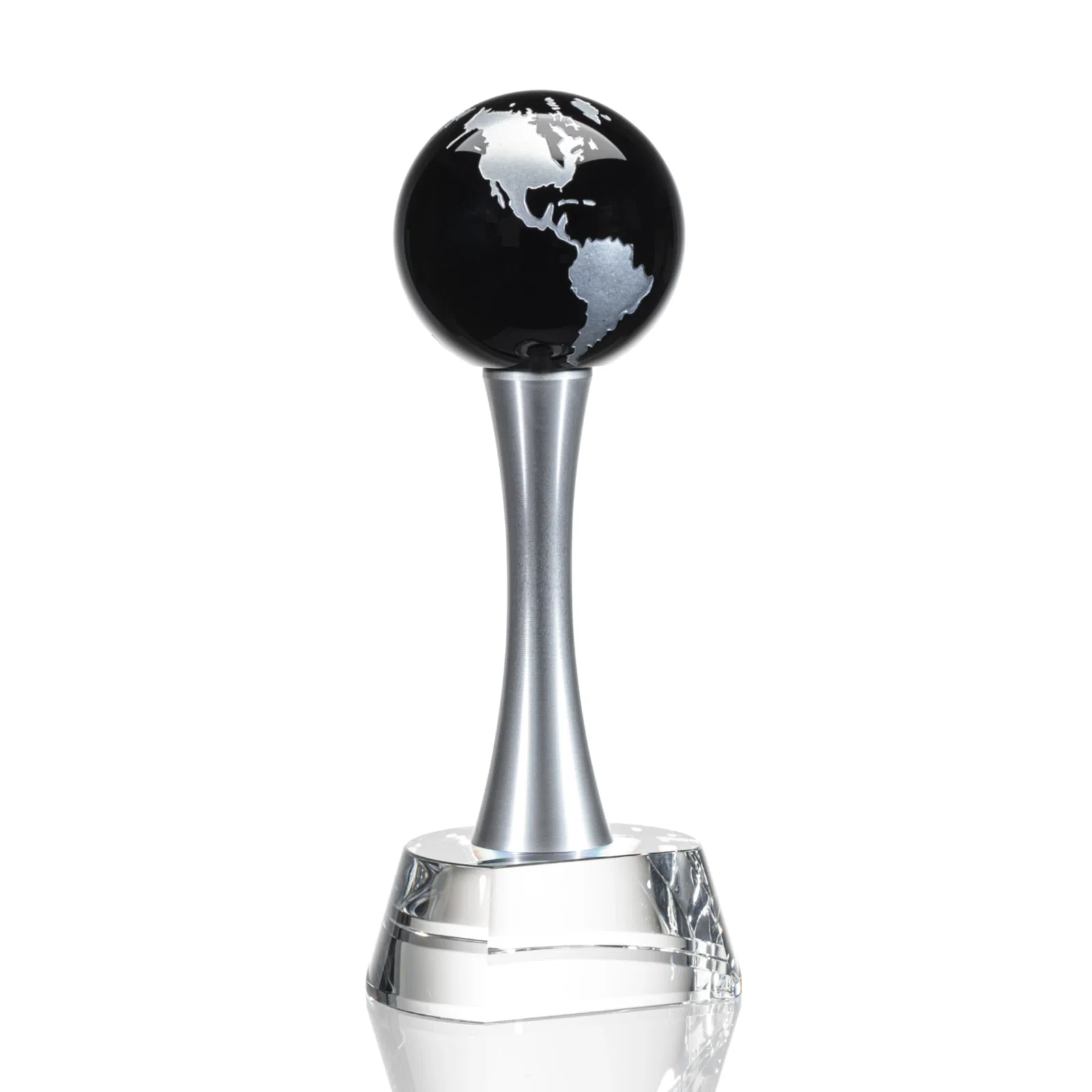 Personalized Optical Crystal Globe Award on a Waisted Aluminum Pillar for company anniversary events