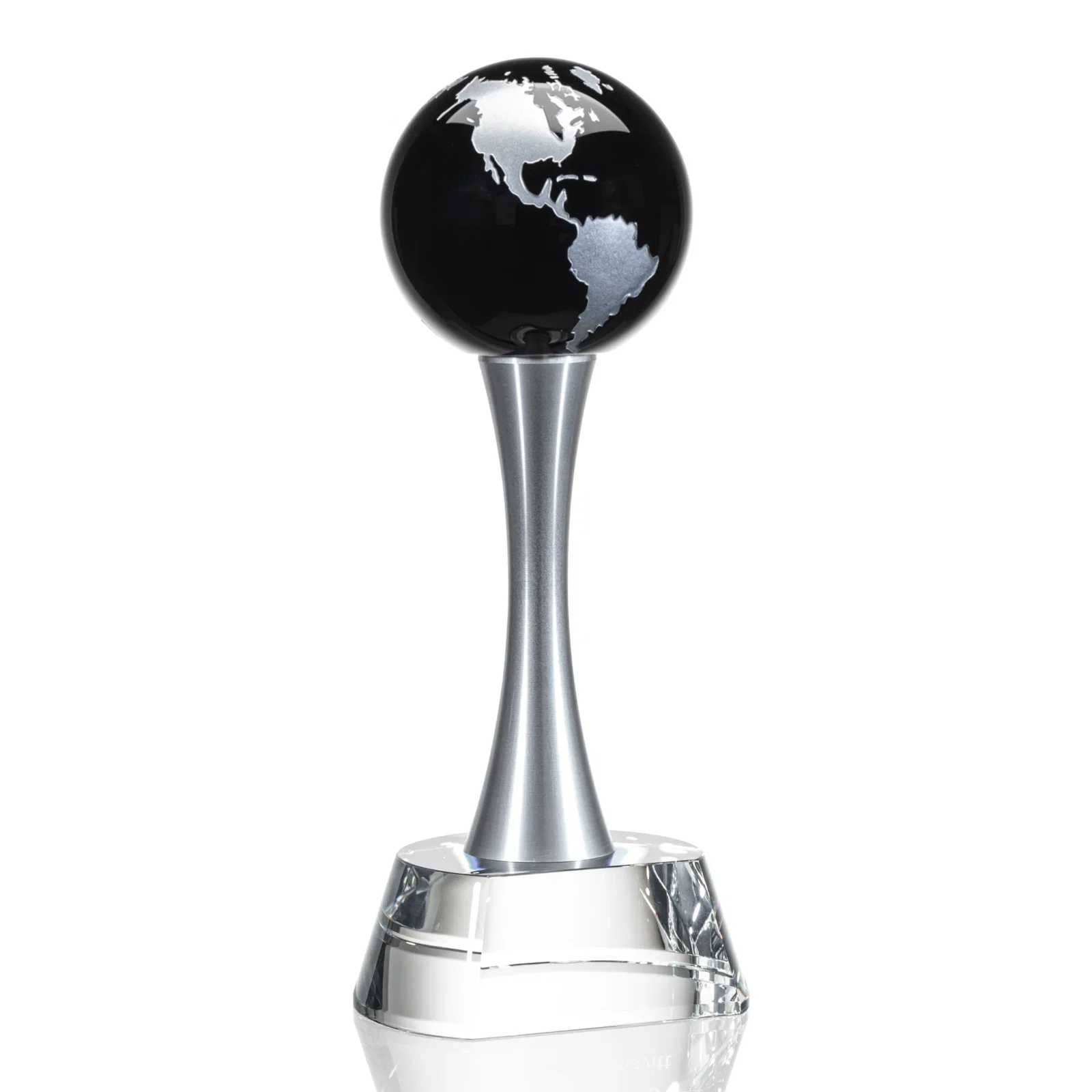 Promotional Optical Crystal Globe Award on a Waisted Aluminum Pillar for employee recognition
