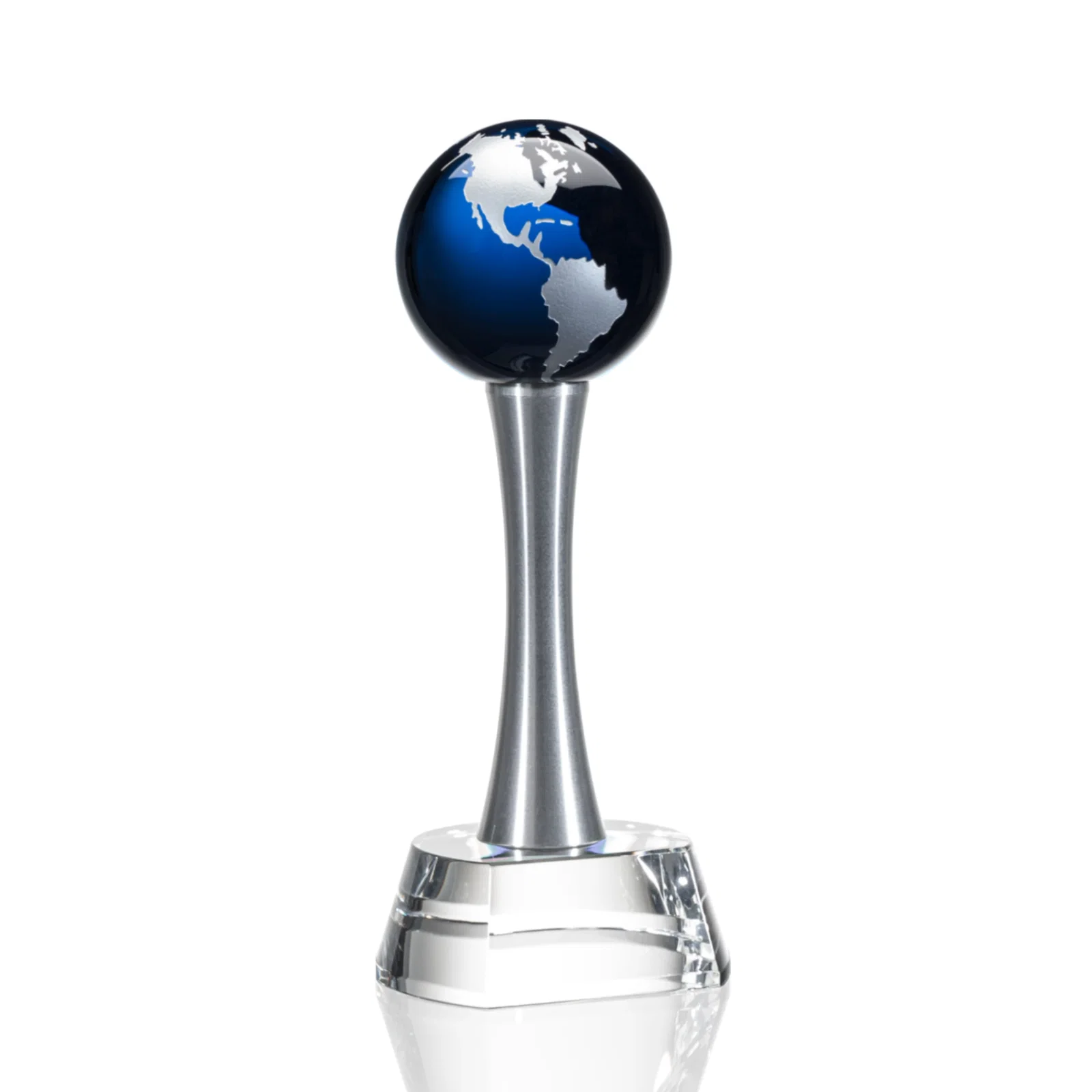 Promotional Optical Crystal Globe Award on a Waisted Aluminum Pillar for corporate award ceremonies