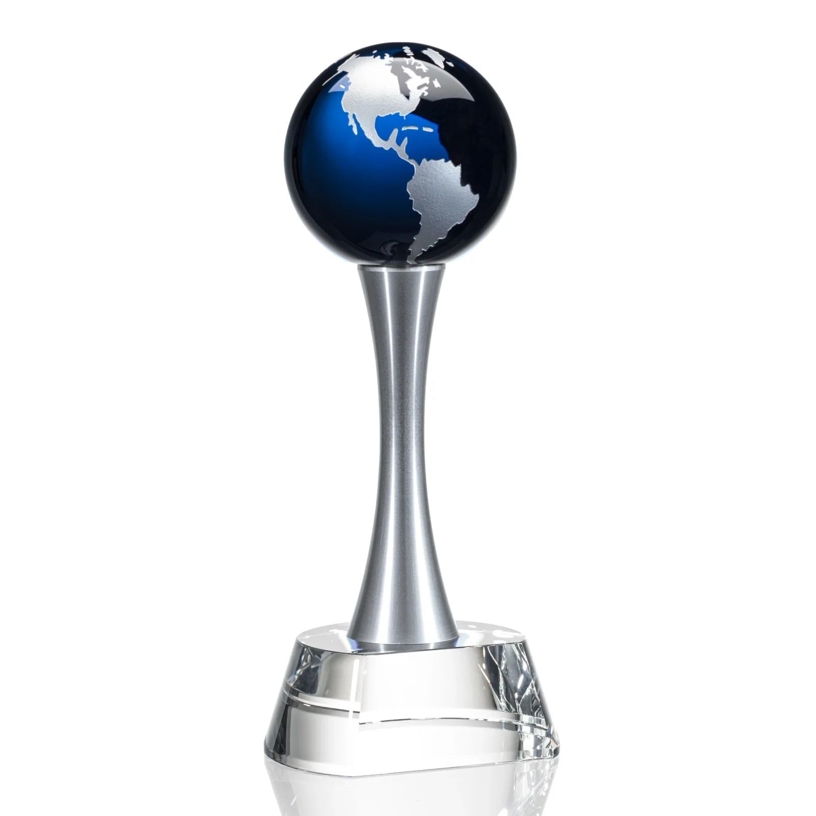 Promotional Optical Crystal Globe Award on a Waisted Aluminum Pillar for sales achievement awards