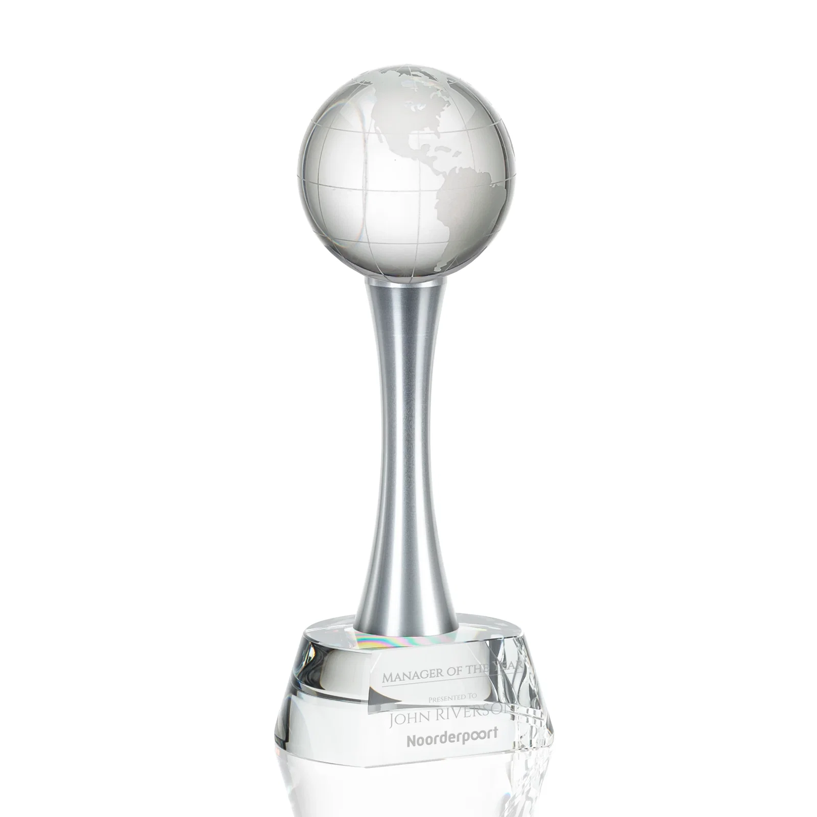 Custom Optical Crystal Globe Award on a Waisted Aluminum Pillar for service anniversary gifts