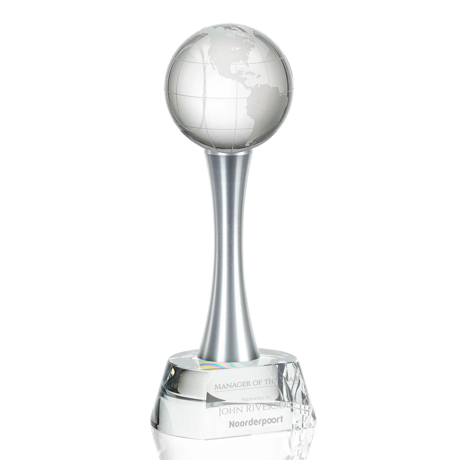 Custom Optical Crystal Globe Award on a Waisted Aluminum Pillar for sales achievement awards