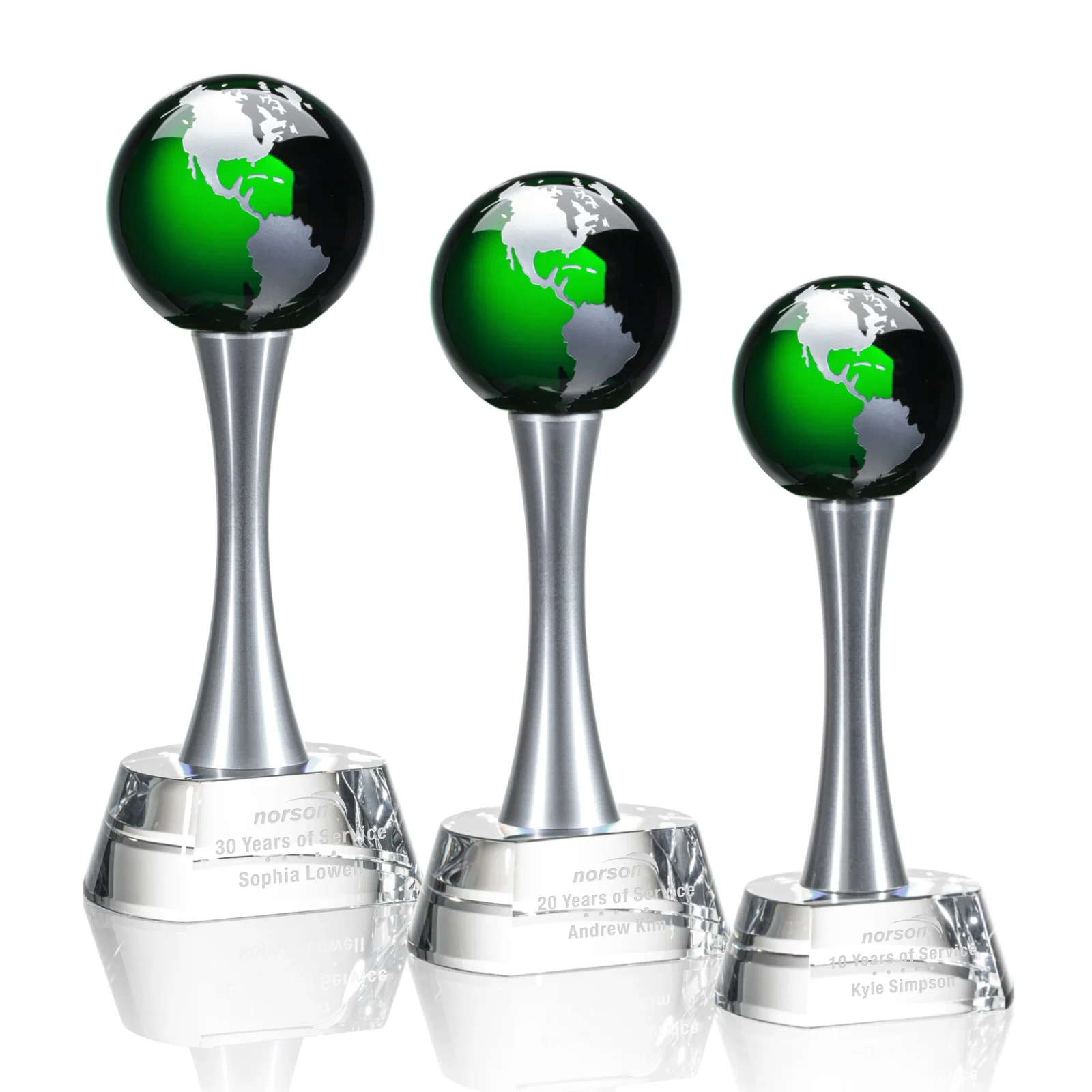 Custom Optical Crystal Globe Award on a Waisted Aluminum Pillar for retirement presentations