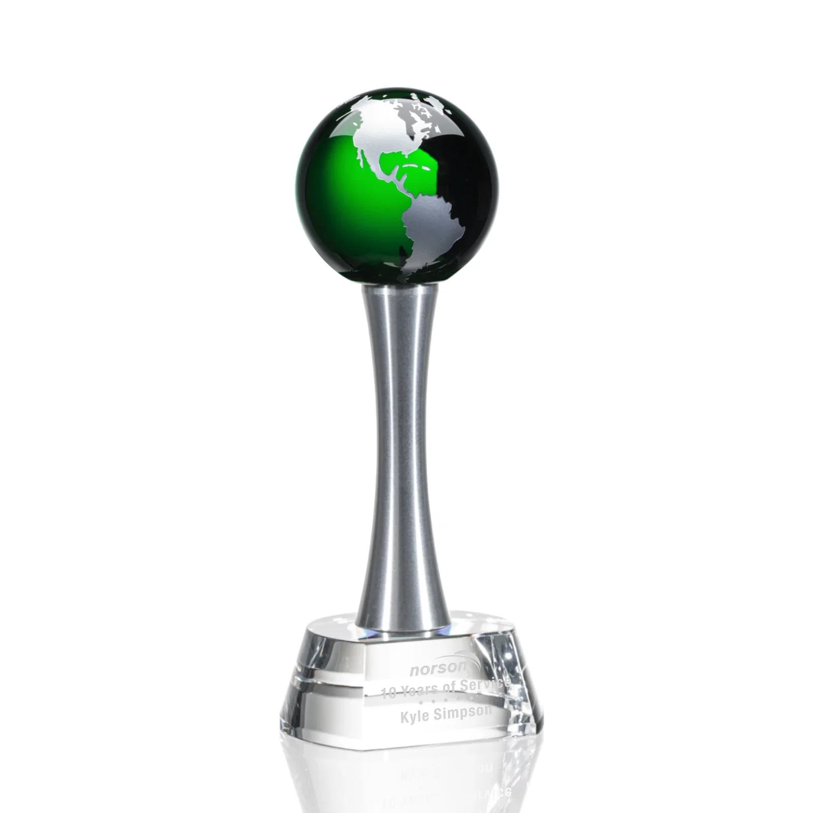 Custom Optical Crystal Globe Award on a Waisted Aluminum Pillar for team milestone celebrations