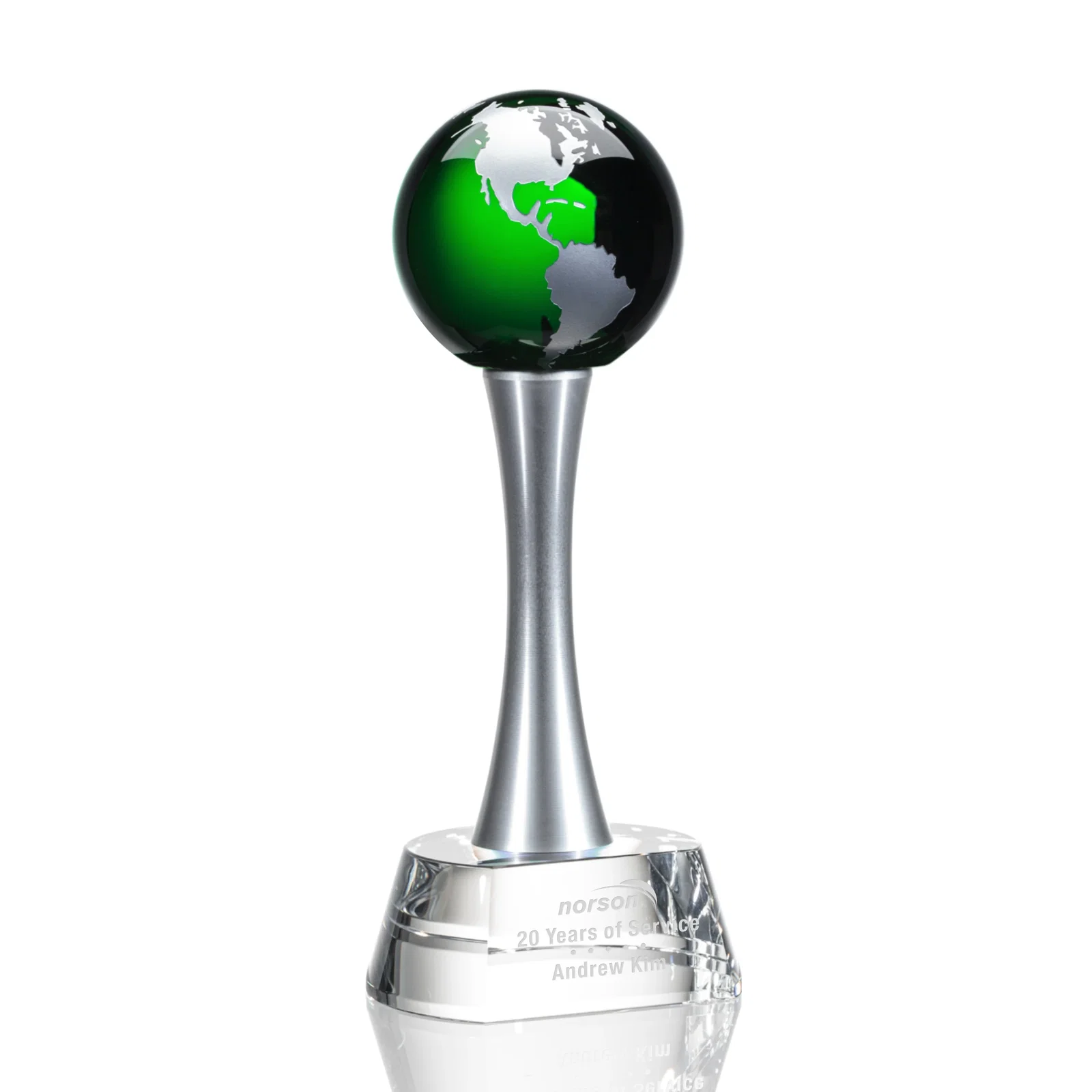 Custom Optical Crystal Globe Award on a Waisted Aluminum Pillar for donor appreciation
