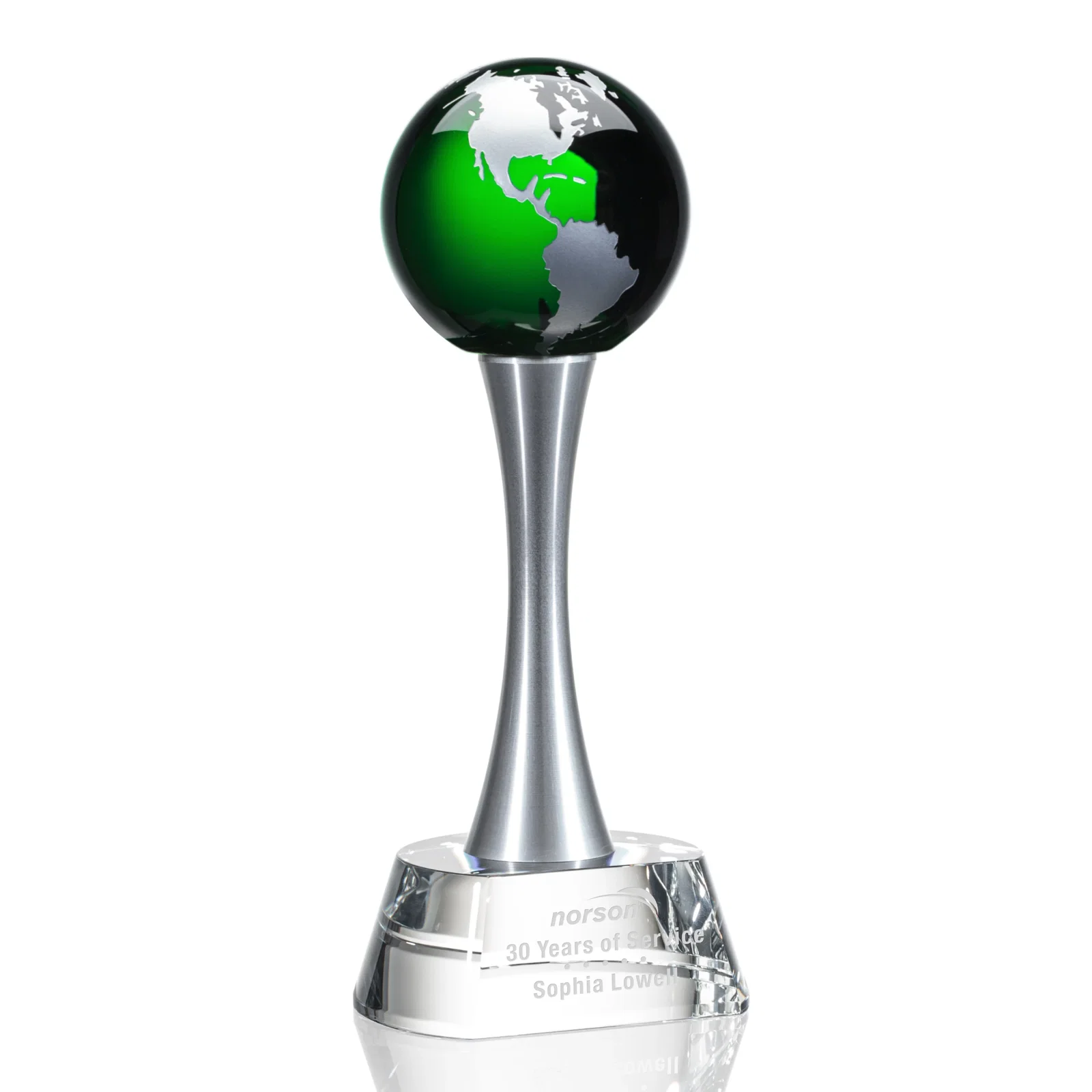 Custom Optical Crystal Globe Award on a Waisted Aluminum Pillar for graduation ceremonies