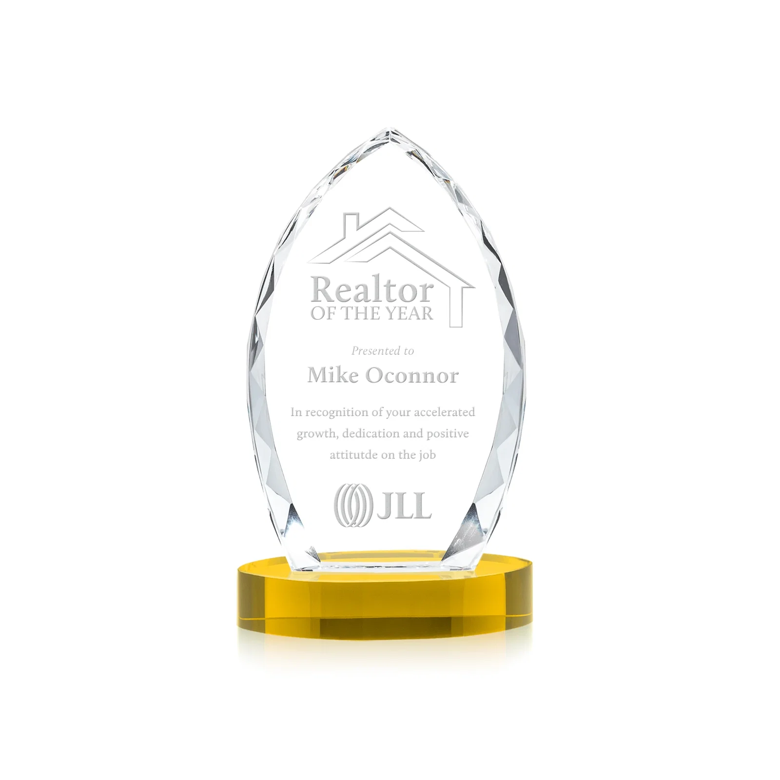 Custom Faceted Diamond-Edge Optical Crystal Award on Oval Base for volunteer appreciation