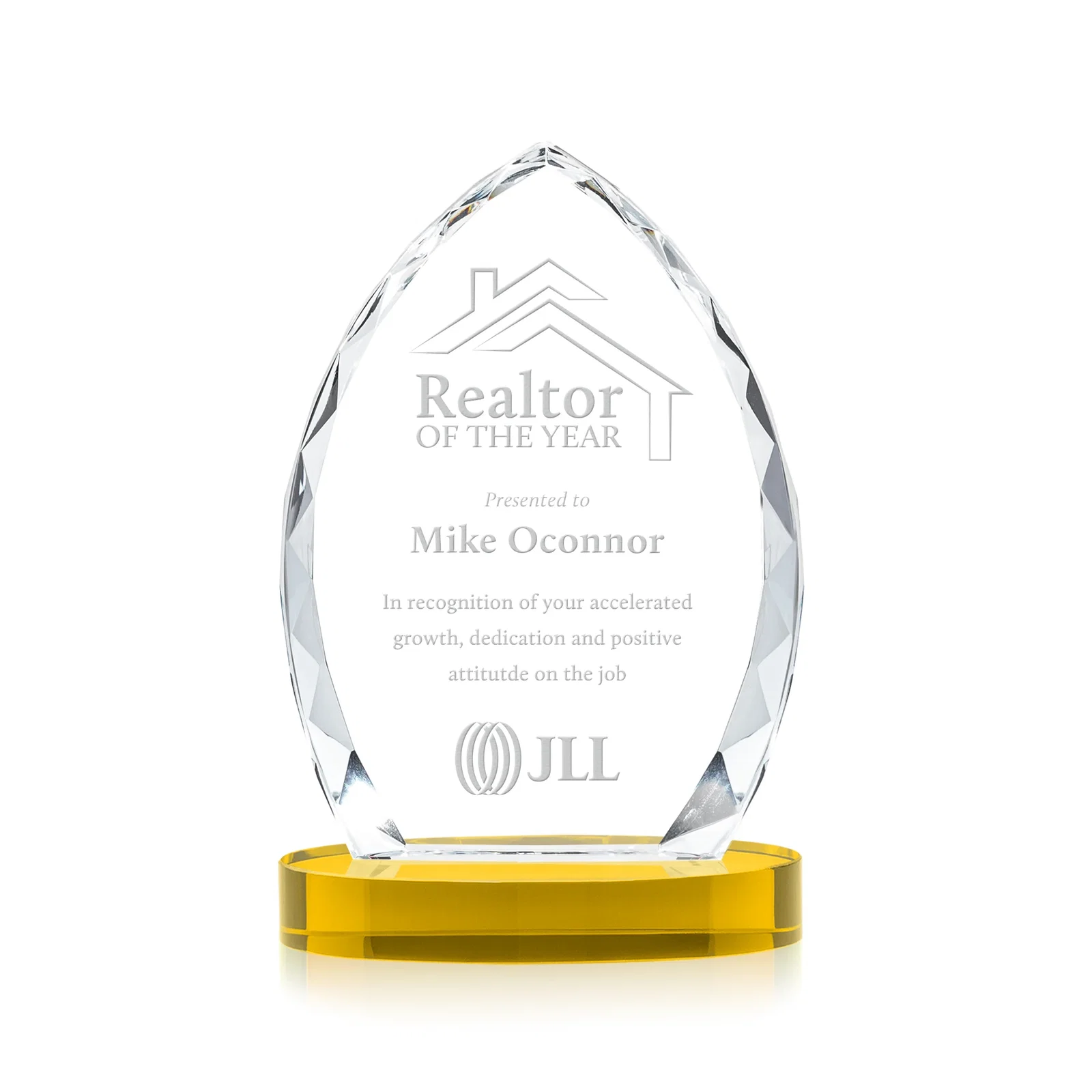 Custom Faceted Diamond-Edge Optical Crystal Award on Oval Base for dealer and partner awards
