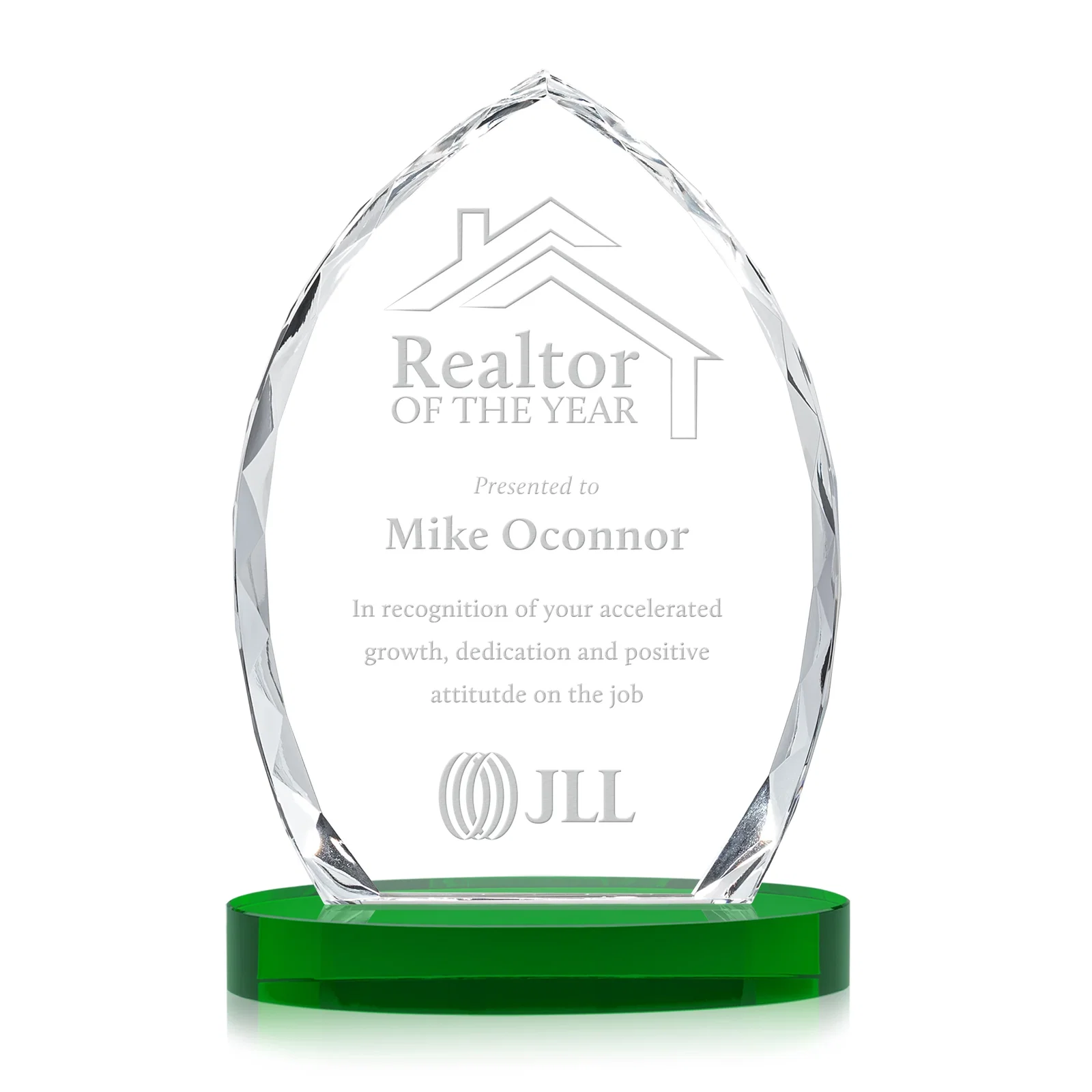 Personalized Faceted Diamond-Edge Optical Crystal Award on Oval Base for sales achievement awards
