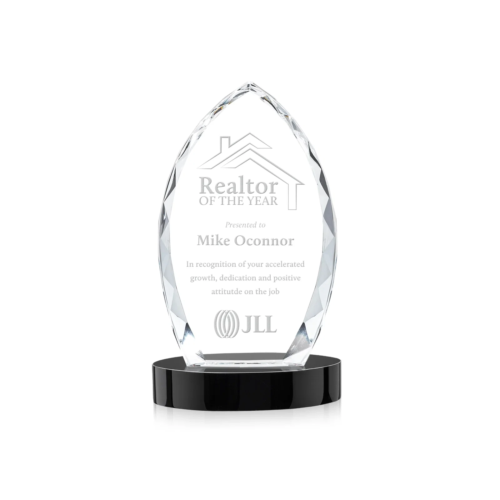 Personalized Faceted Diamond-Edge Optical Crystal Award on Oval Base for team milestone celebrations