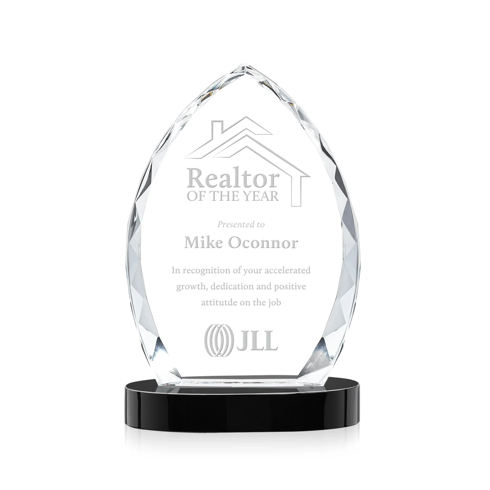 Personalized Faceted Diamond-Edge Optical Crystal Award on Oval Base for donor appreciation