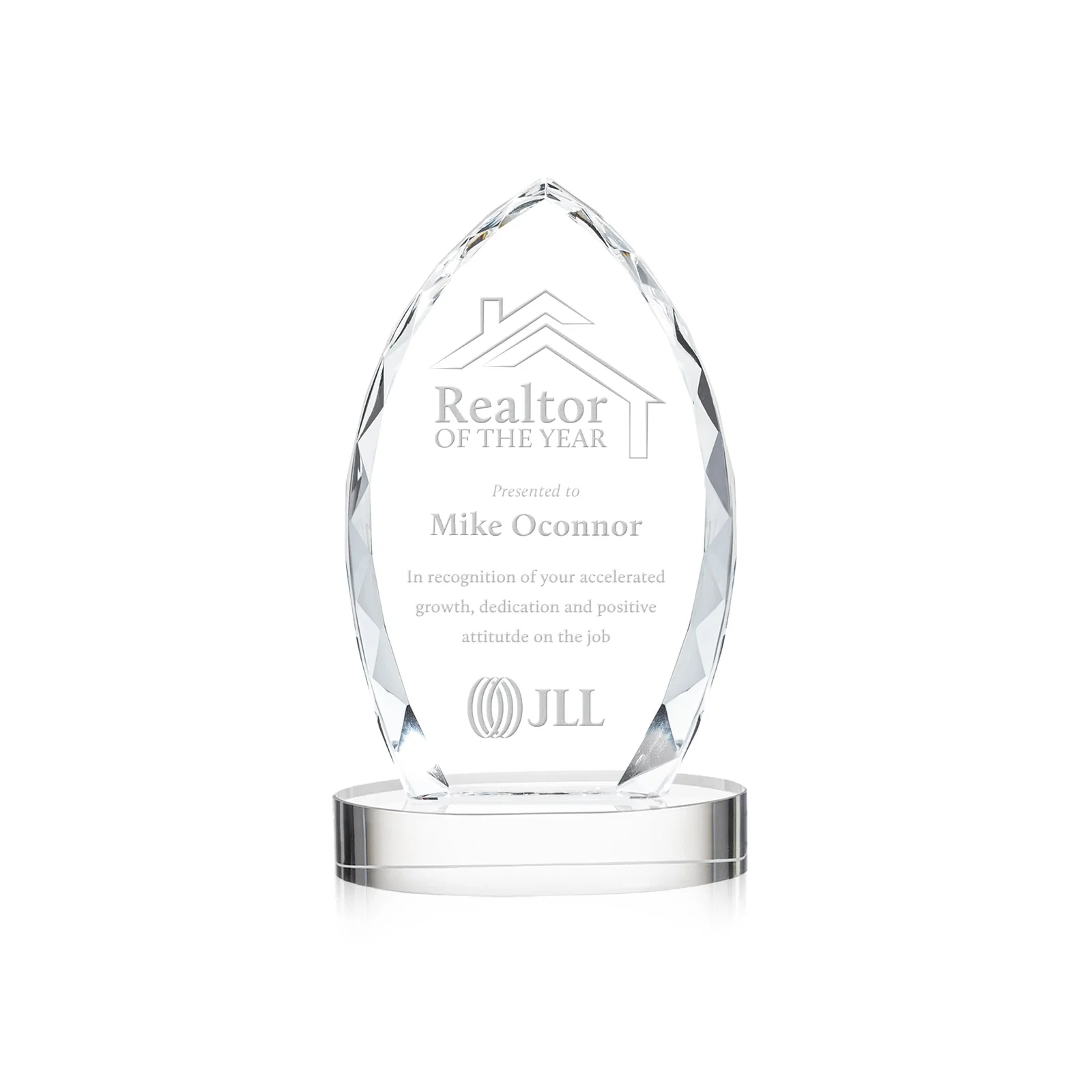 Custom Faceted Diamond-Edge Optical Crystal Award on Oval Base for corporate award ceremonies