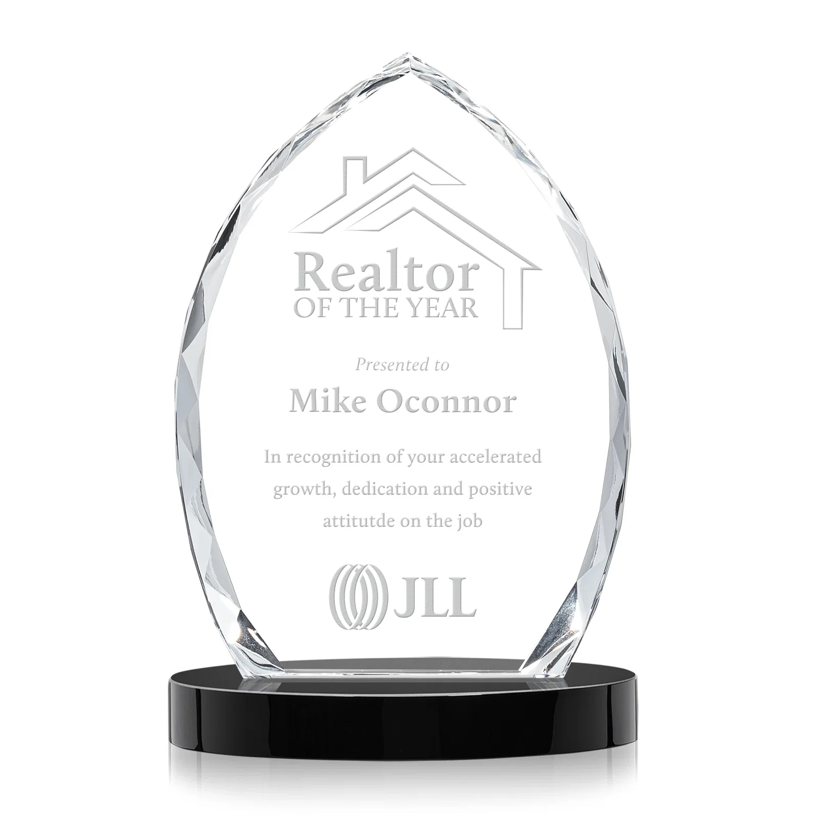 Personalized Faceted Diamond-Edge Optical Crystal Award on Oval Base for graduation ceremonies