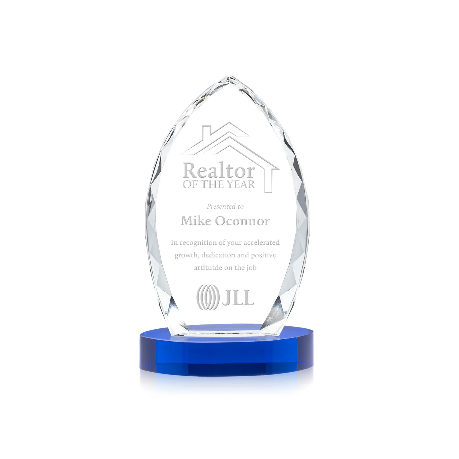 Personalized Faceted Diamond-Edge Optical Crystal Award on Oval Base for volunteer appreciation