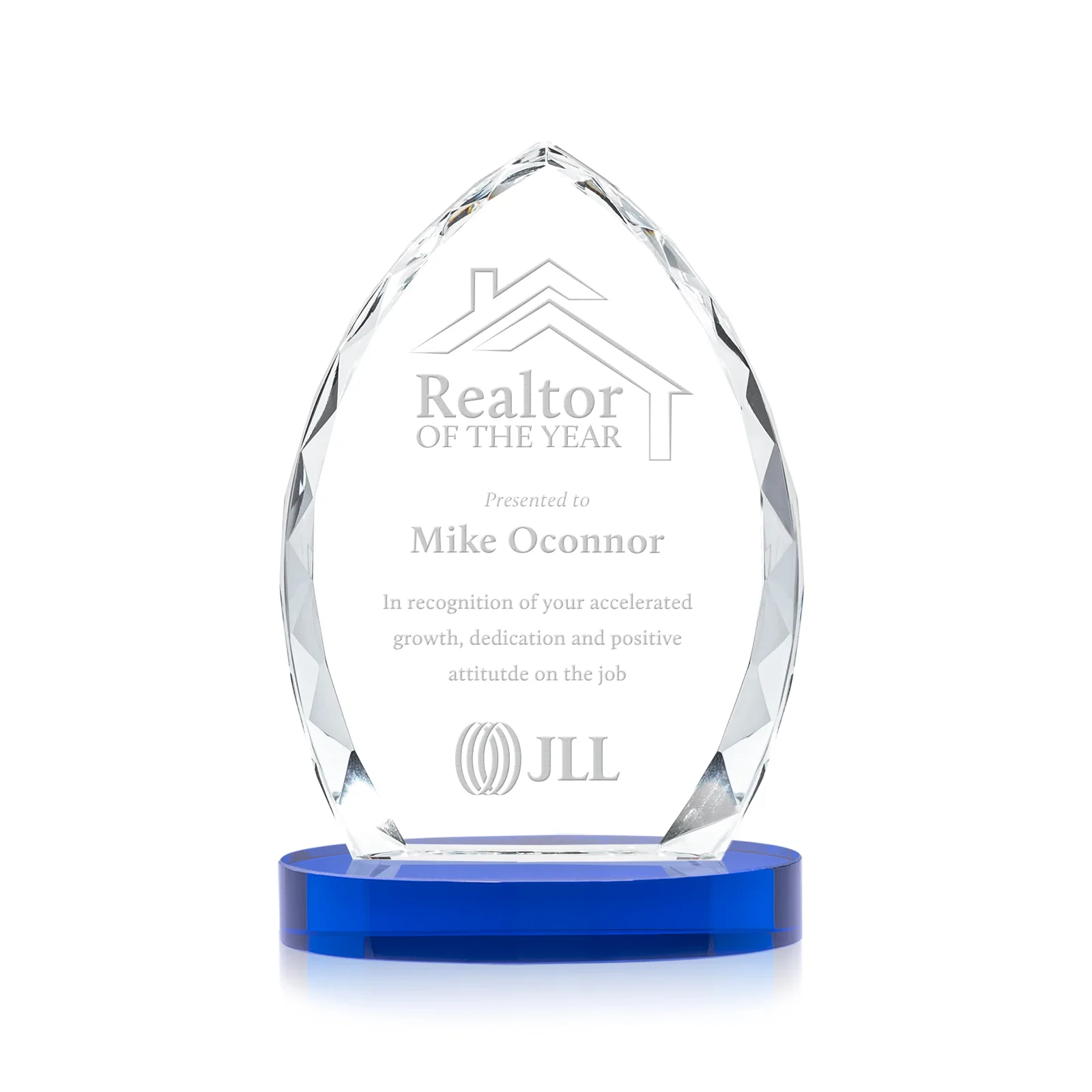 Personalized Faceted Diamond-Edge Optical Crystal Award on Oval Base for dealer and partner awards