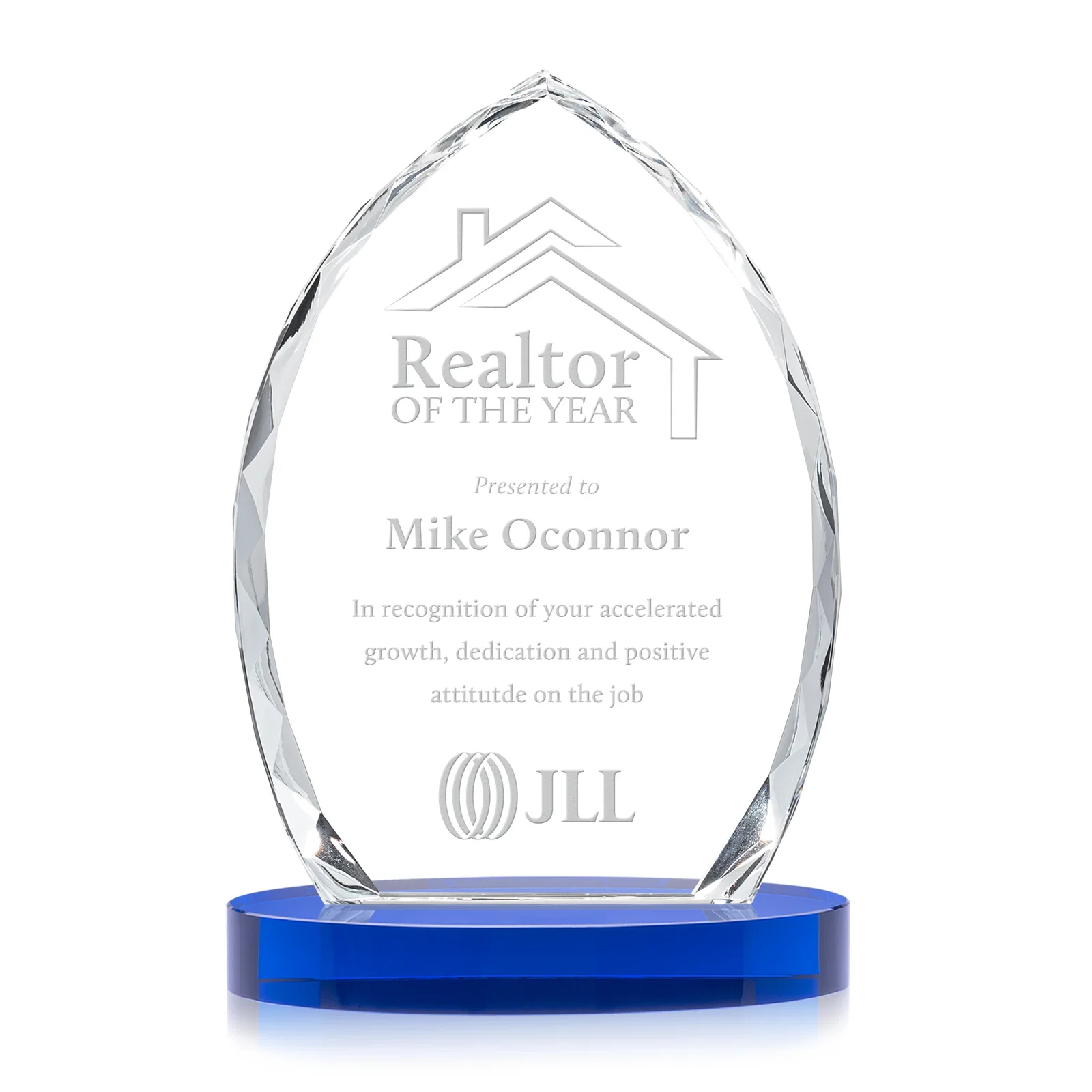 Personalized Faceted Diamond-Edge Optical Crystal Award on Oval Base for company anniversary events