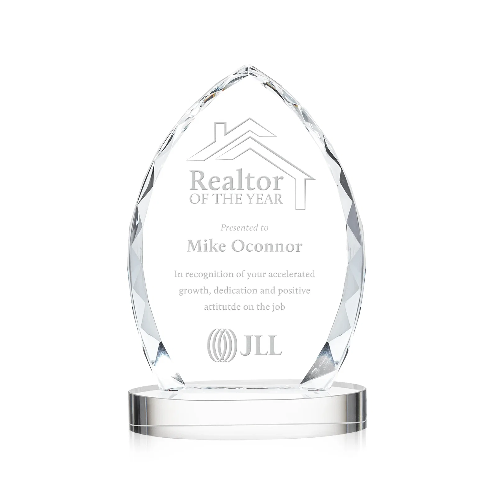 Custom Faceted Diamond-Edge Optical Crystal Award on Oval Base for service anniversary gifts