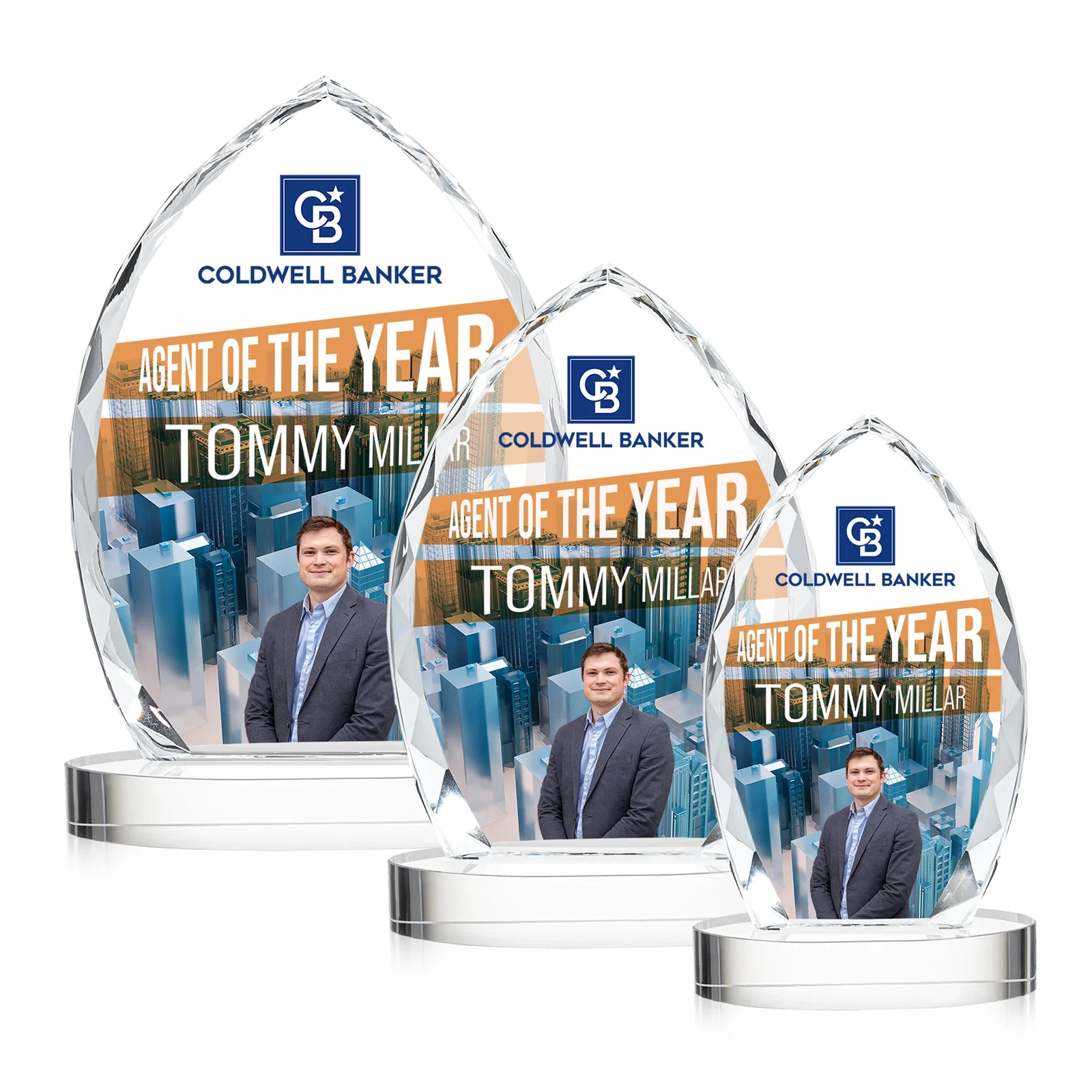 Branded Faceted Diamond-Edge Optical Crystal Award on Oval Base for employee recognition