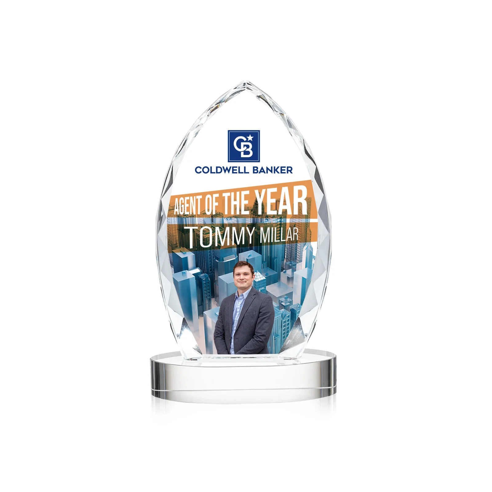Branded Faceted Diamond-Edge Optical Crystal Award on Oval Base for corporate award ceremonies