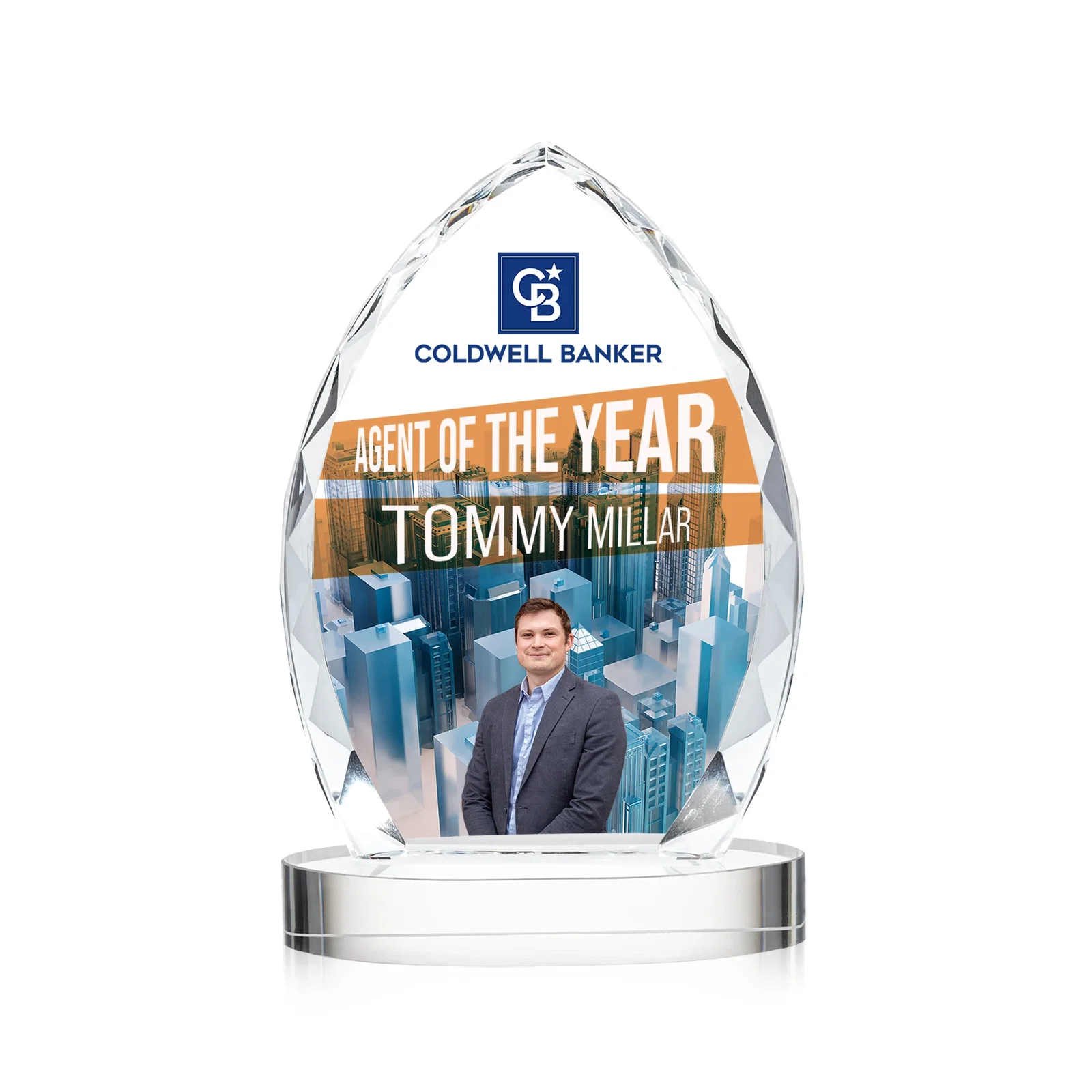 Branded Faceted Diamond-Edge Optical Crystal Award on Oval Base for service anniversary gifts