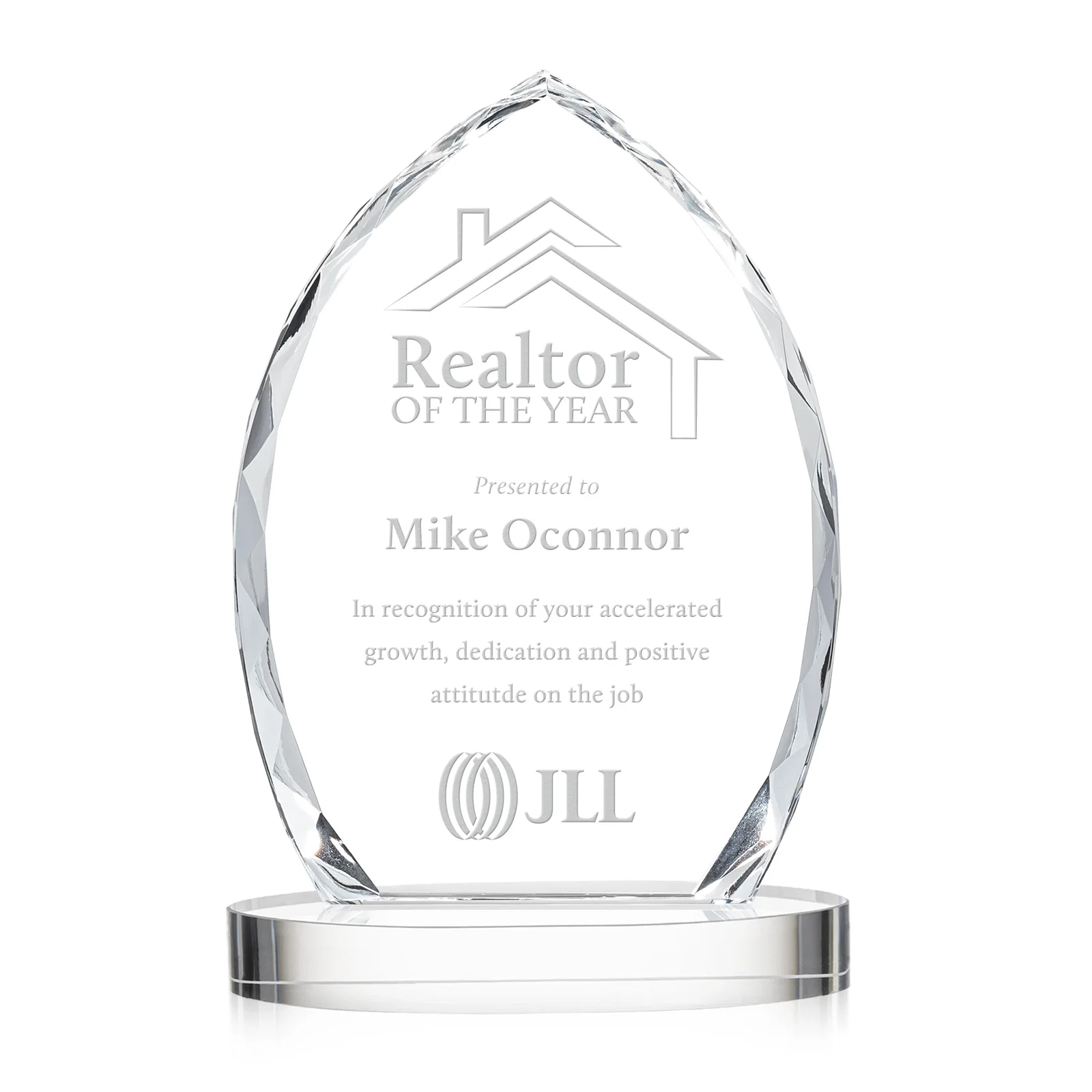 Custom Faceted Diamond-Edge Optical Crystal Award on Oval Base for sales achievement awards