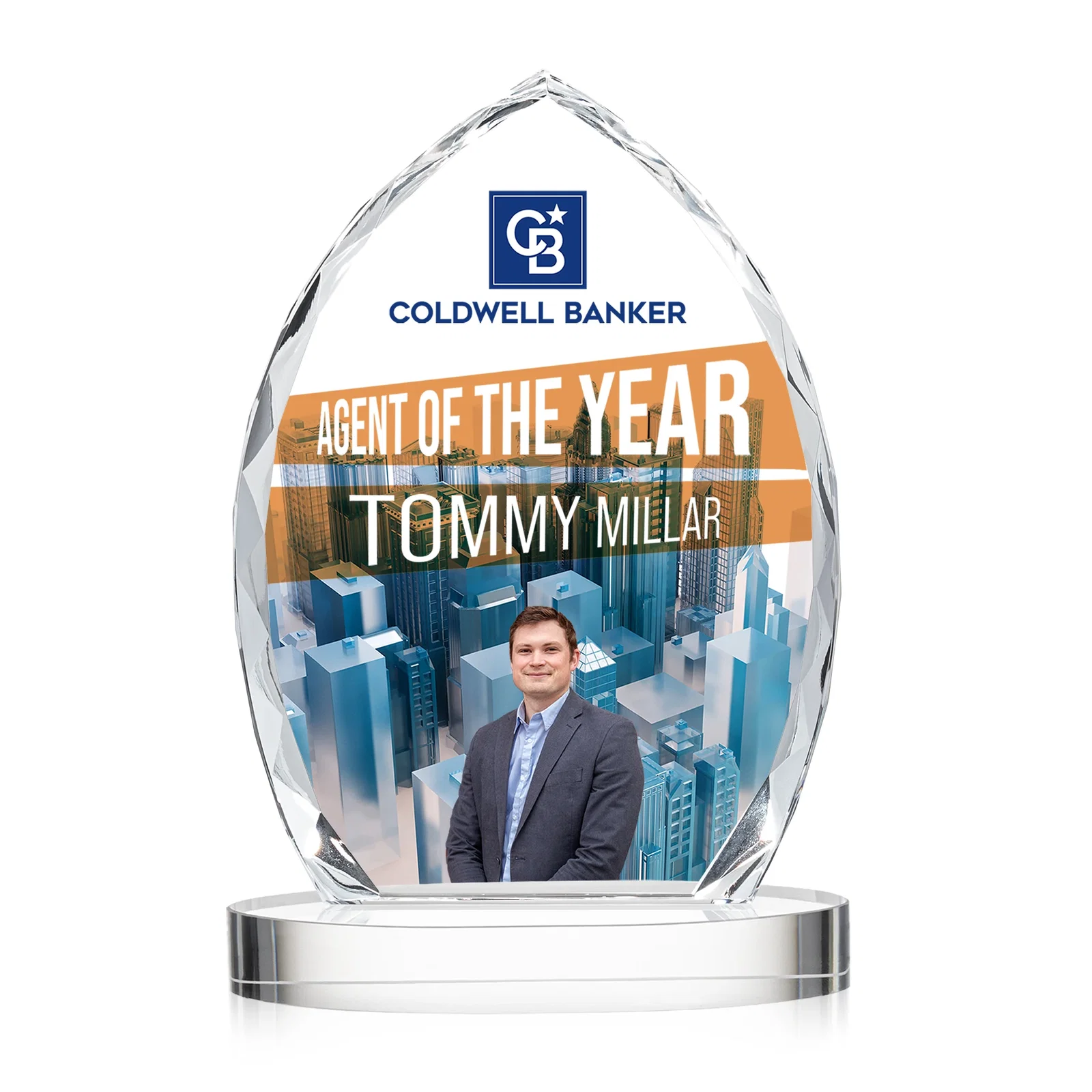Branded Faceted Diamond-Edge Optical Crystal Award on Oval Base for sales achievement awards